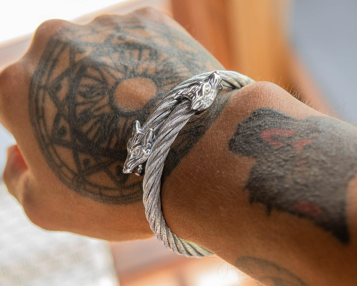 Viking Odin Necklace - Heavy Odin Wolves Viking Bangle Bracelet - 925 Sterling Silver Nordic Amulet