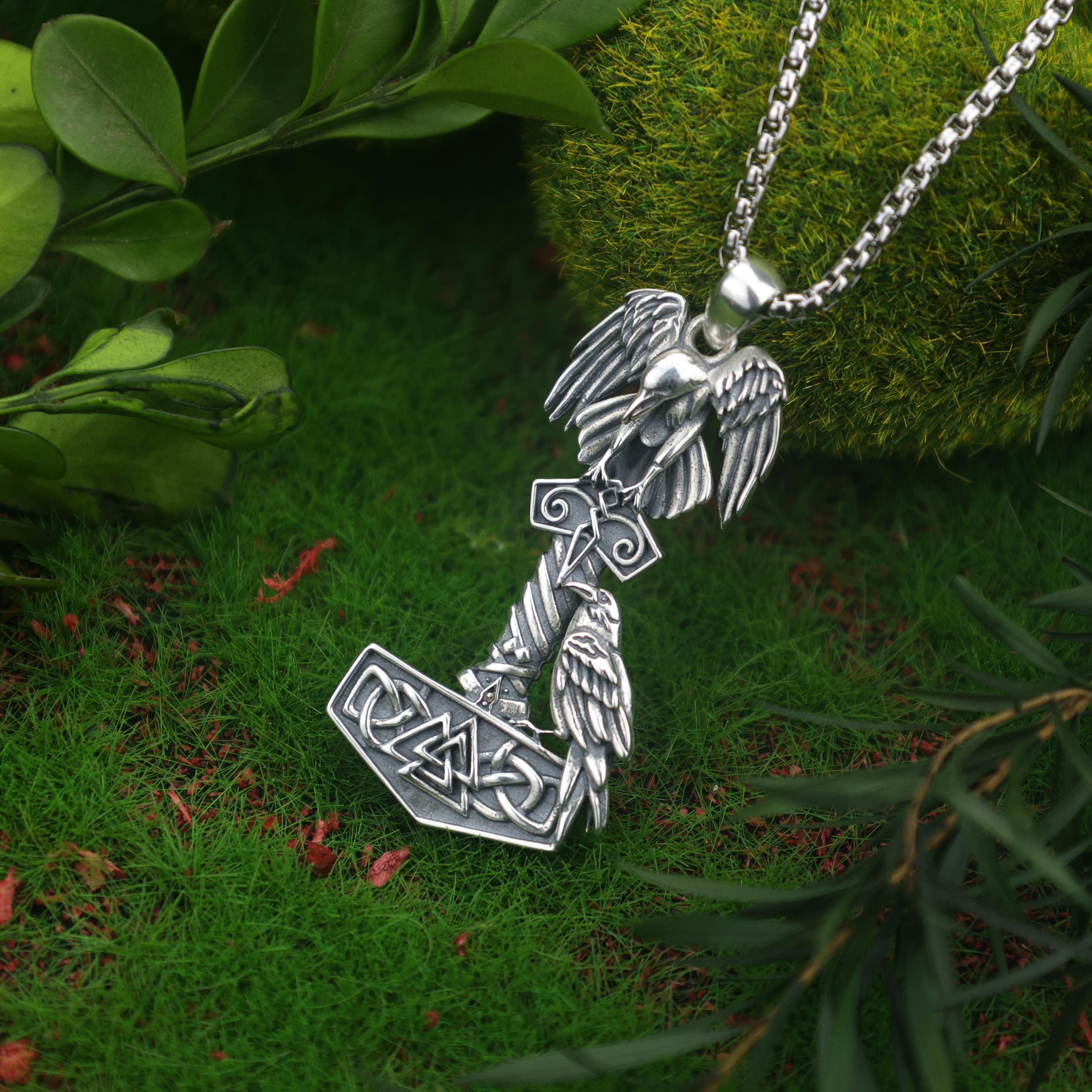 Viking Valknut Necklace - Sterling Silver Viking Valknut Raven Pendant: Norse Amulet Necklace