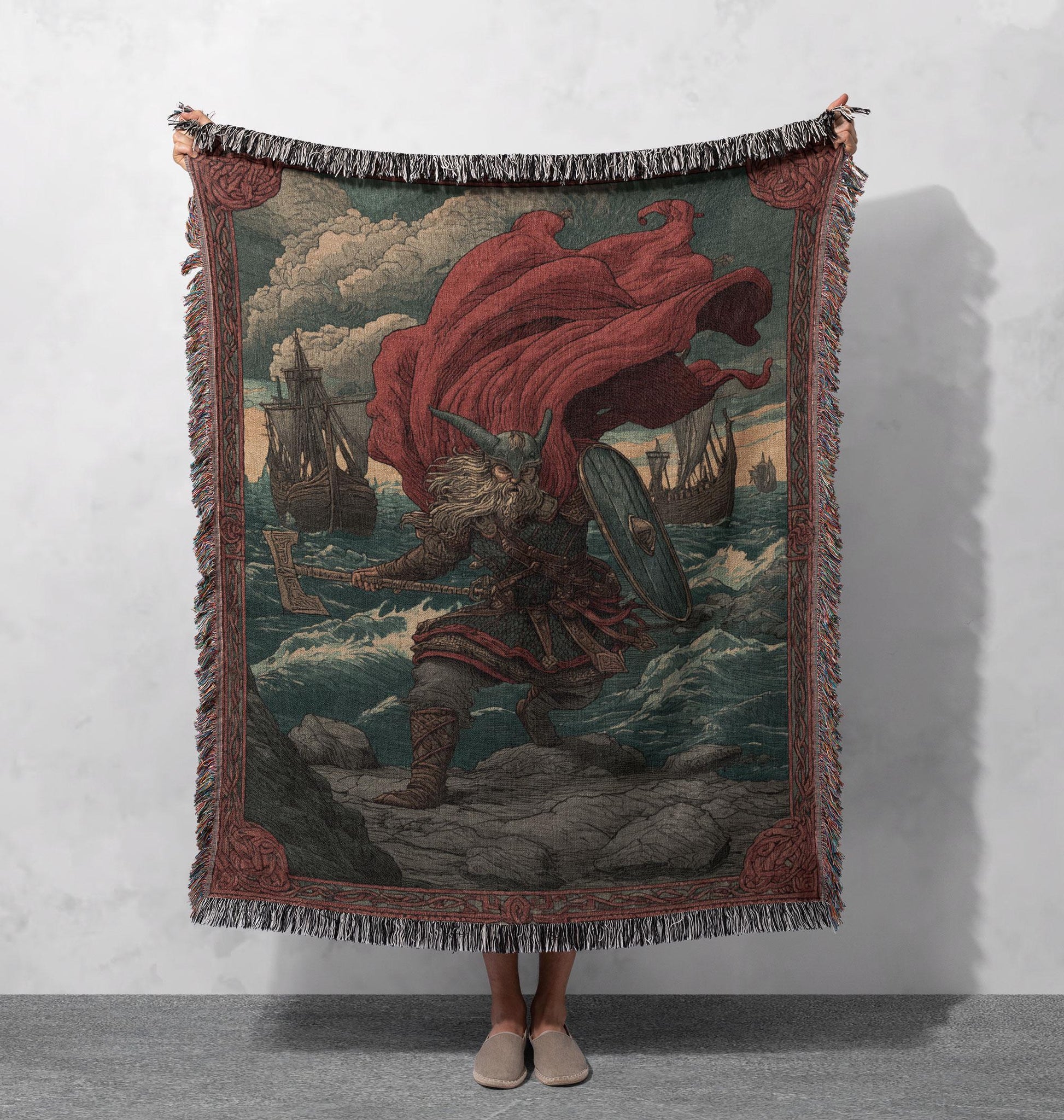 Viking Blanket - Viking Warrior Woven Blanket 100% Cotton, Norse Mythology Tapestry Throw
