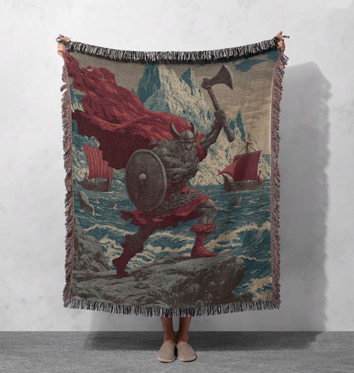 Viking Blanket - Viking Warrior Woven Blanket 100% Cotton, Norse Mythology Tapestry Throw