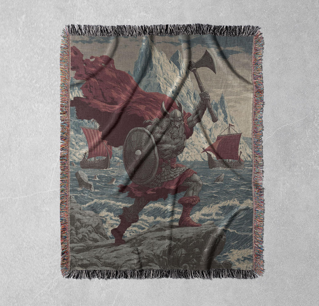 Viking Blanket - Viking Warrior Woven Blanket 100% Cotton, Norse Mythology Tapestry Throw