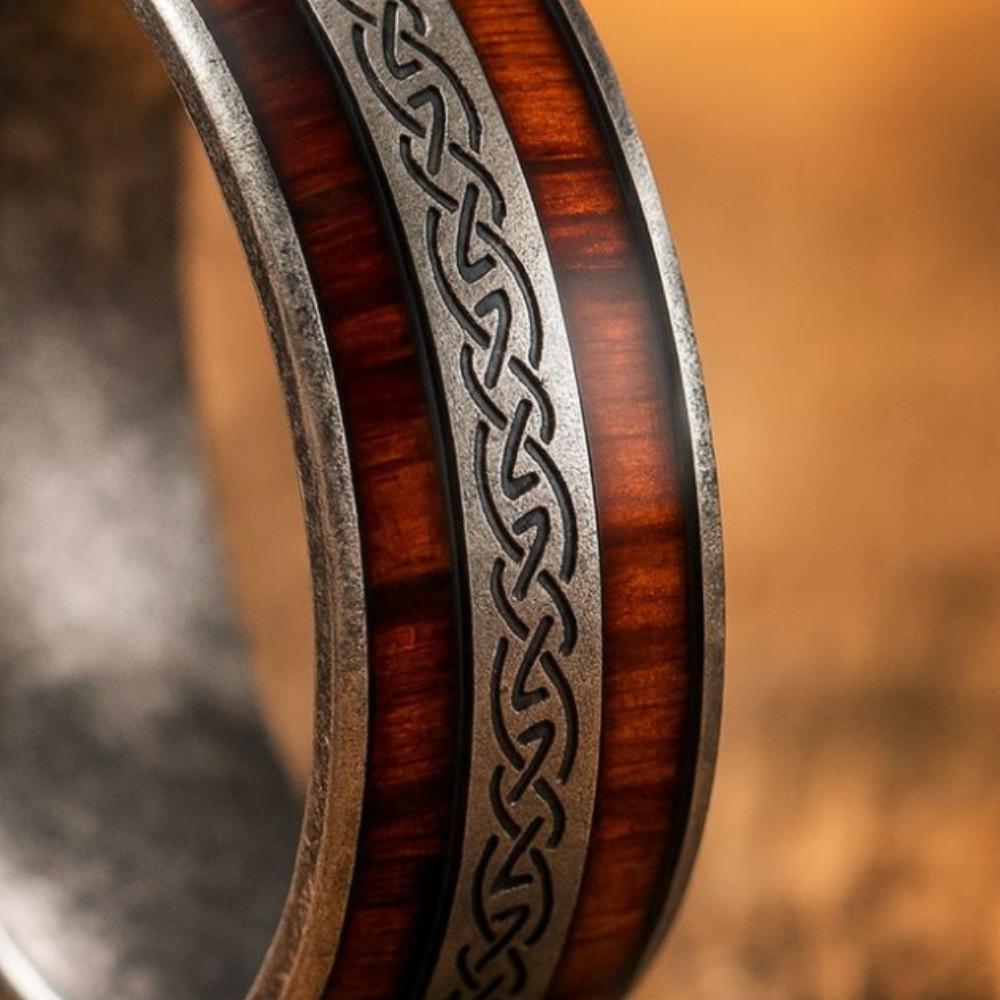 Viking Ring - Celtic Knot Titanium Ring, Wood Grain Wedding Band, Men's Rustic Engagement Ring