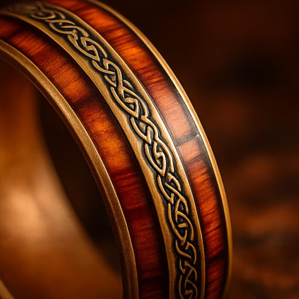 Viking Ring - Celtic Knot Titanium Ring, Wood Grain Wedding Band, Men's Rustic Engagement Ring