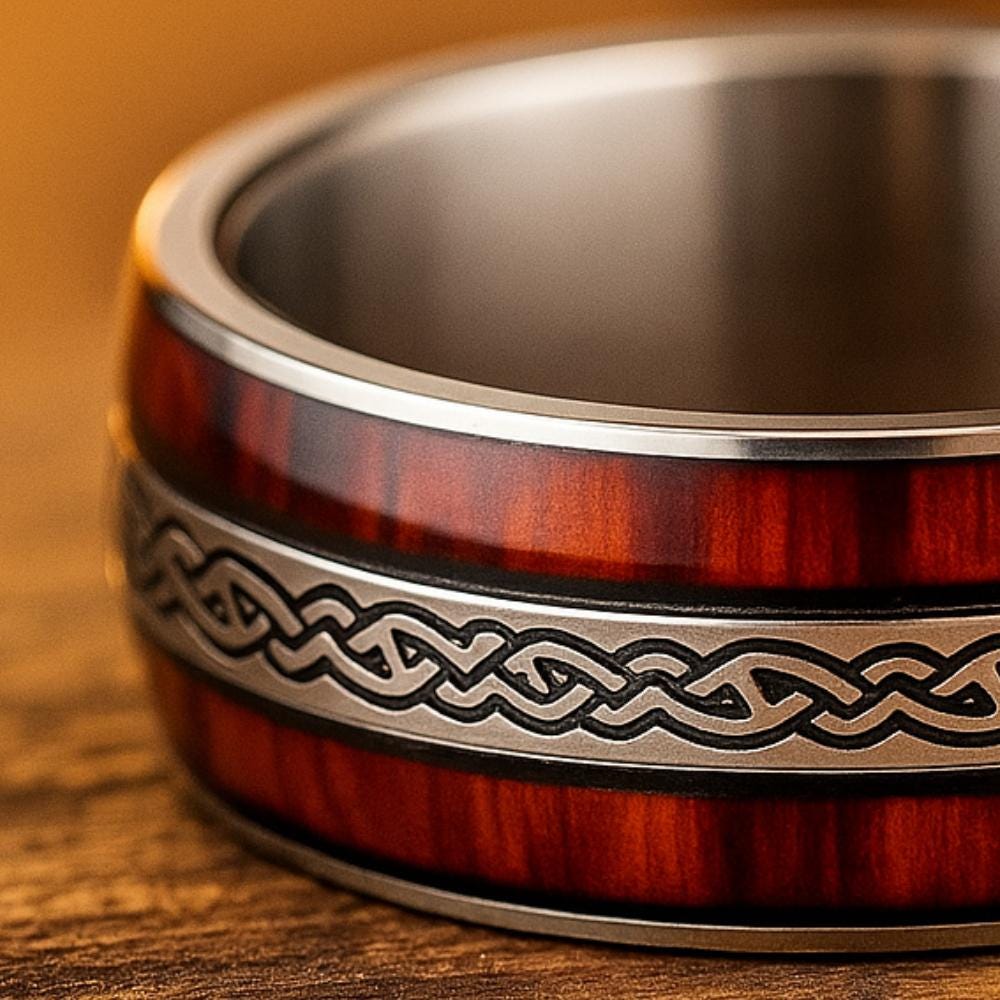 Viking Ring - Celtic Knot Titanium Ring, Wood Grain Wedding Band, Men's Rustic Engagement Ring