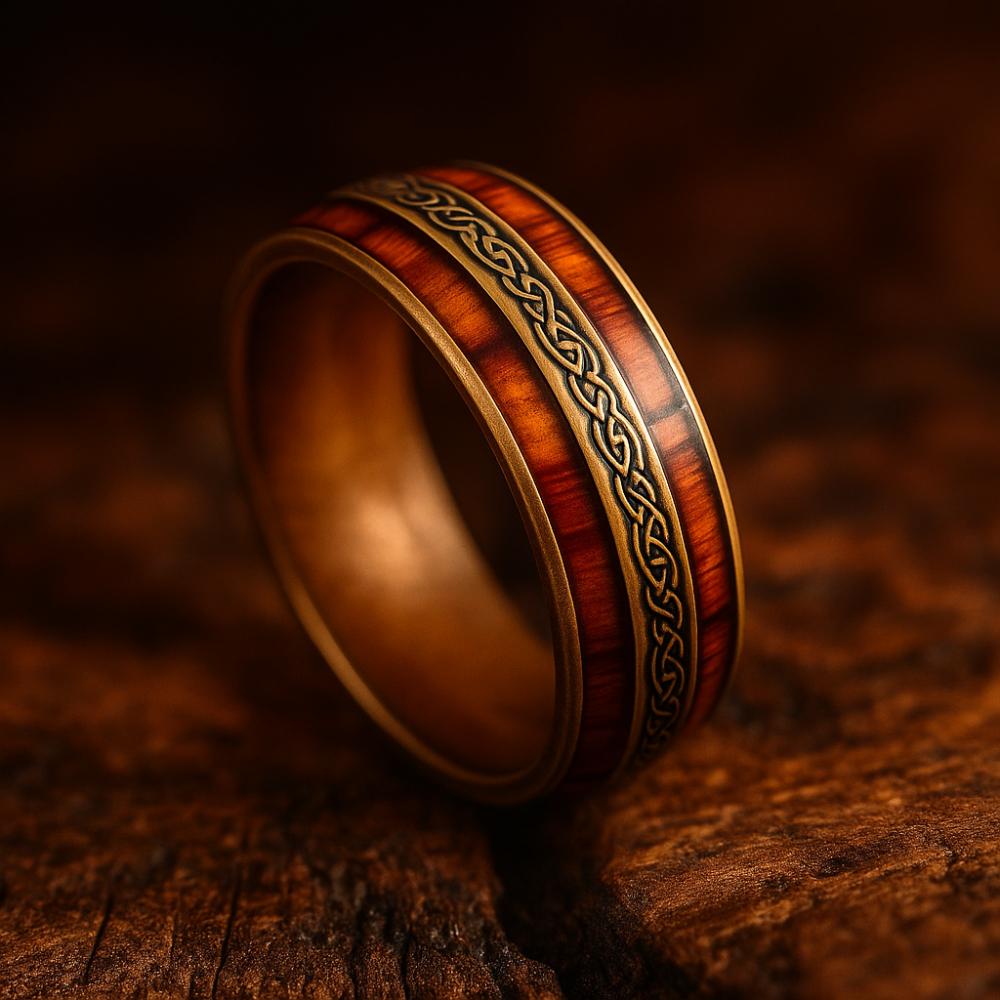 Viking Ring - Celtic Knot Titanium Ring, Wood Grain Wedding Band, Men's Rustic Engagement Ring