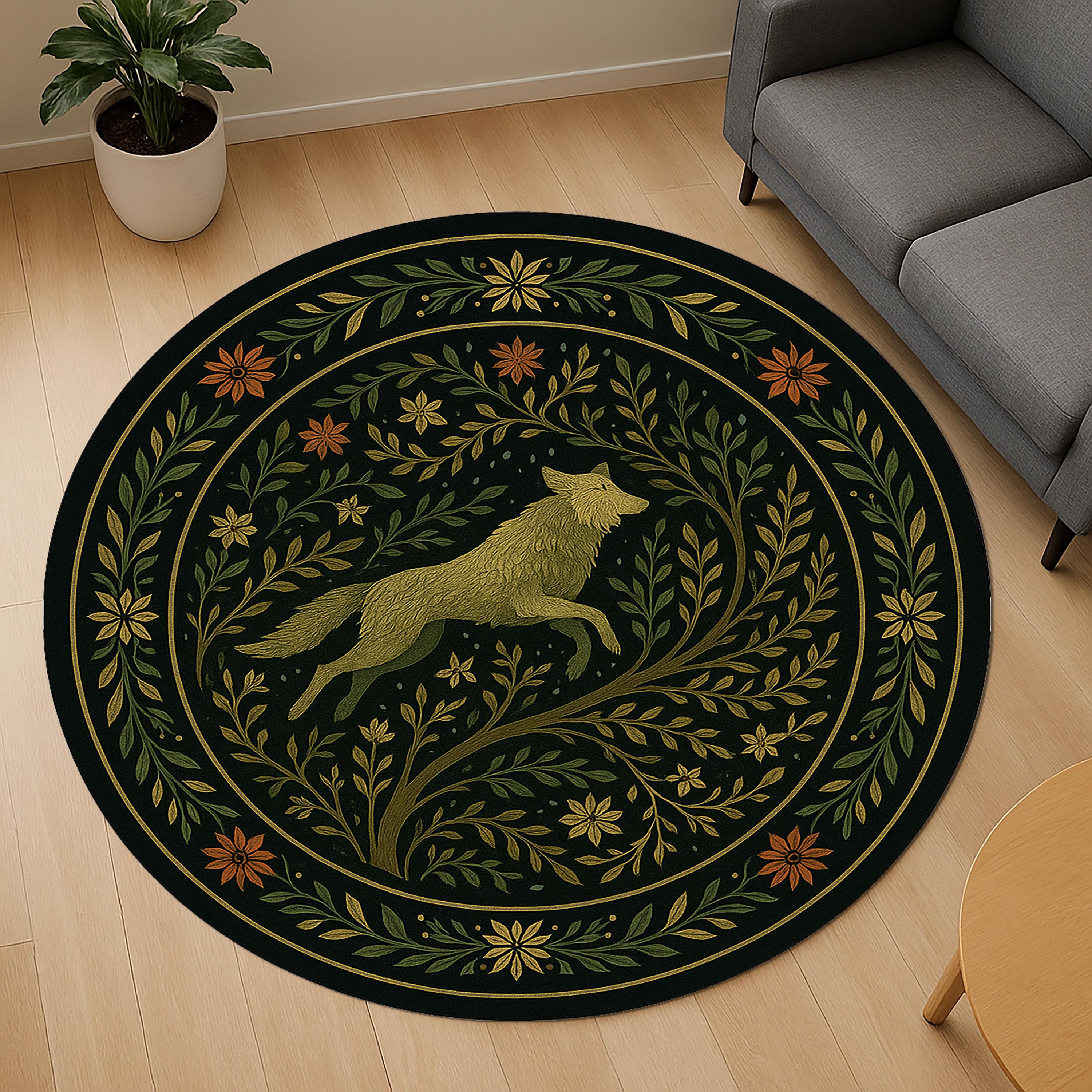 Viking Wolf Rug - Nordic Wolf Round Rug, Viking Wolf Area Rug, Celtic Knot Forest Decor, Mountain