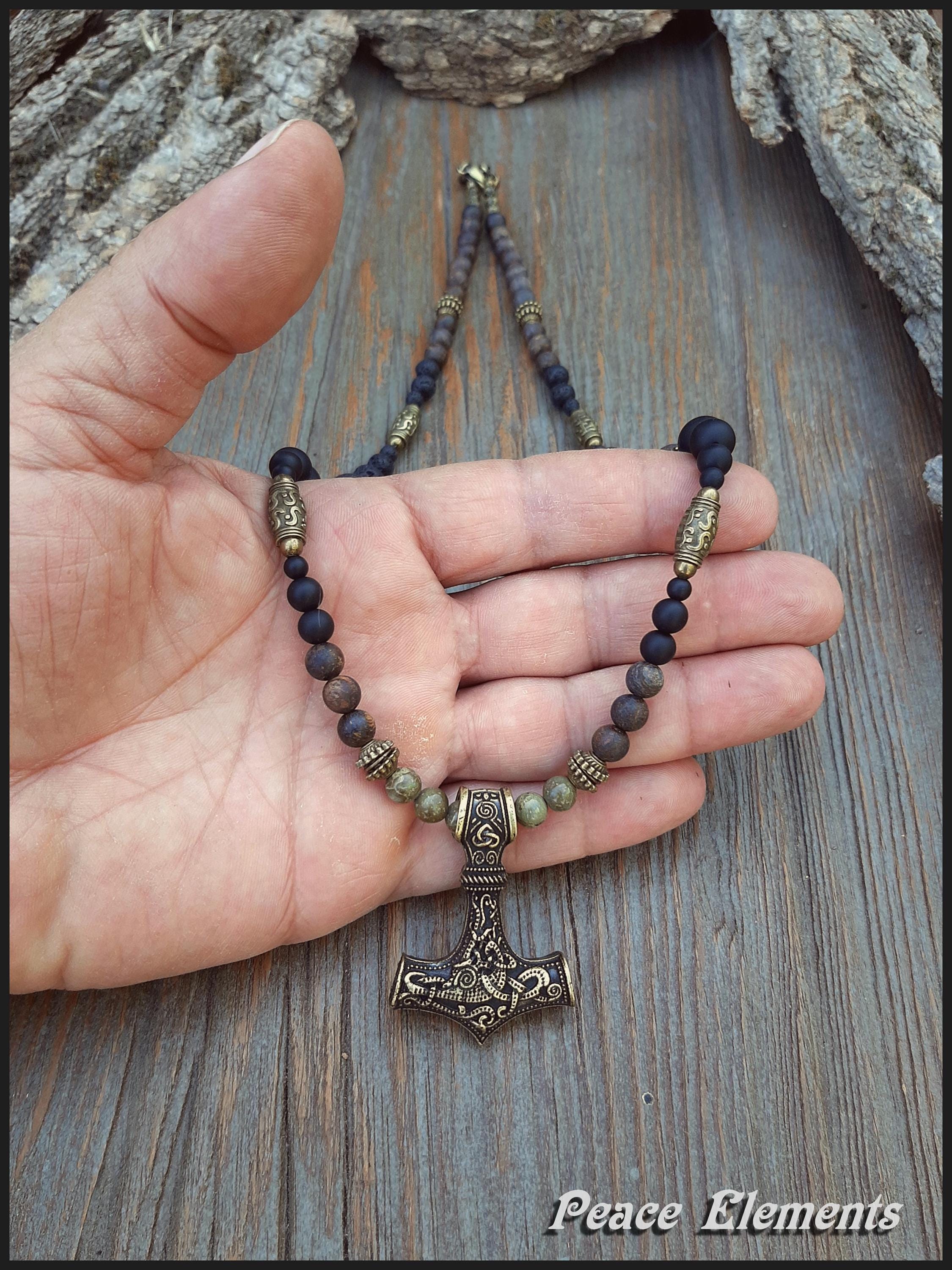 Viking Thor's Hammer Necklace - Thor Hammer bronze Pendant Necklace / Lava & Onyx gems beads /
