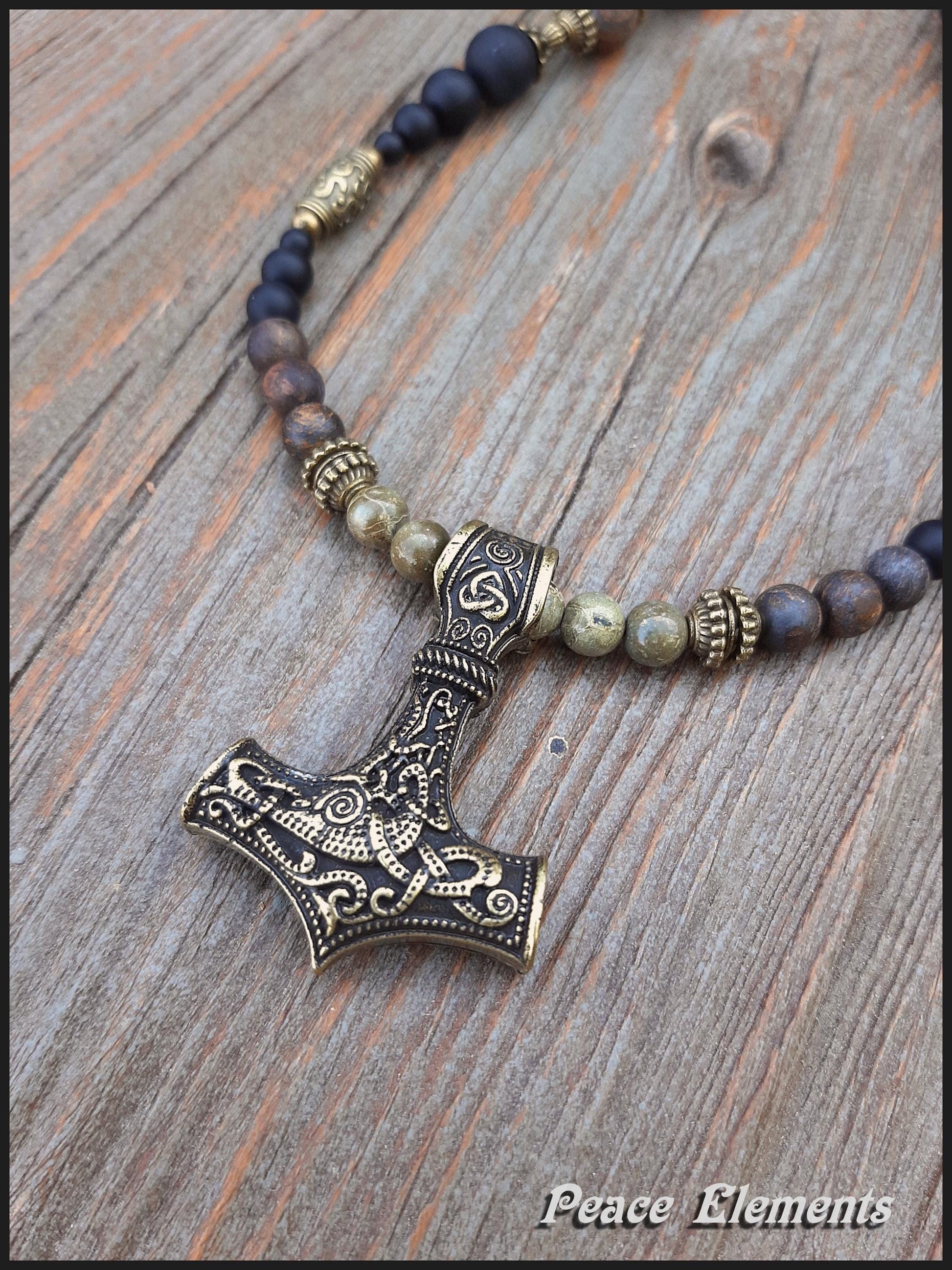 Viking Thor's Hammer Necklace - Thor Hammer bronze Pendant Necklace / Lava & Onyx gems beads /