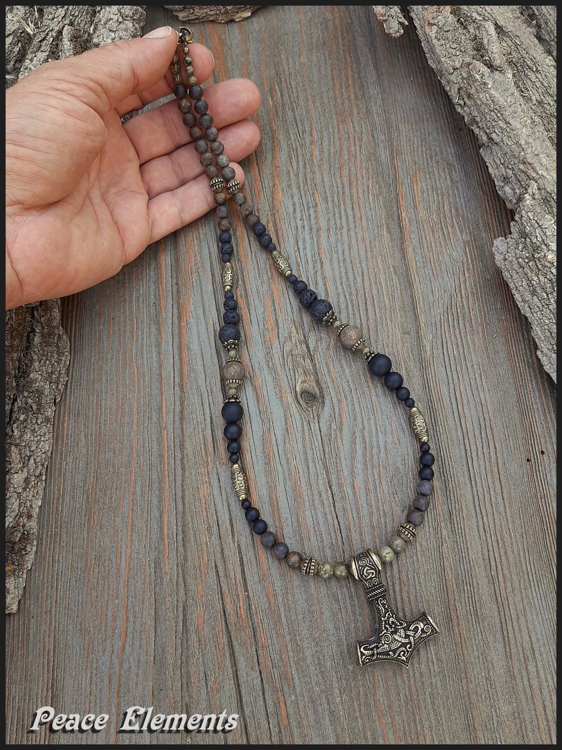Viking Thor's Hammer Necklace - Thor Hammer bronze Pendant Necklace / Lava & Onyx gems beads /