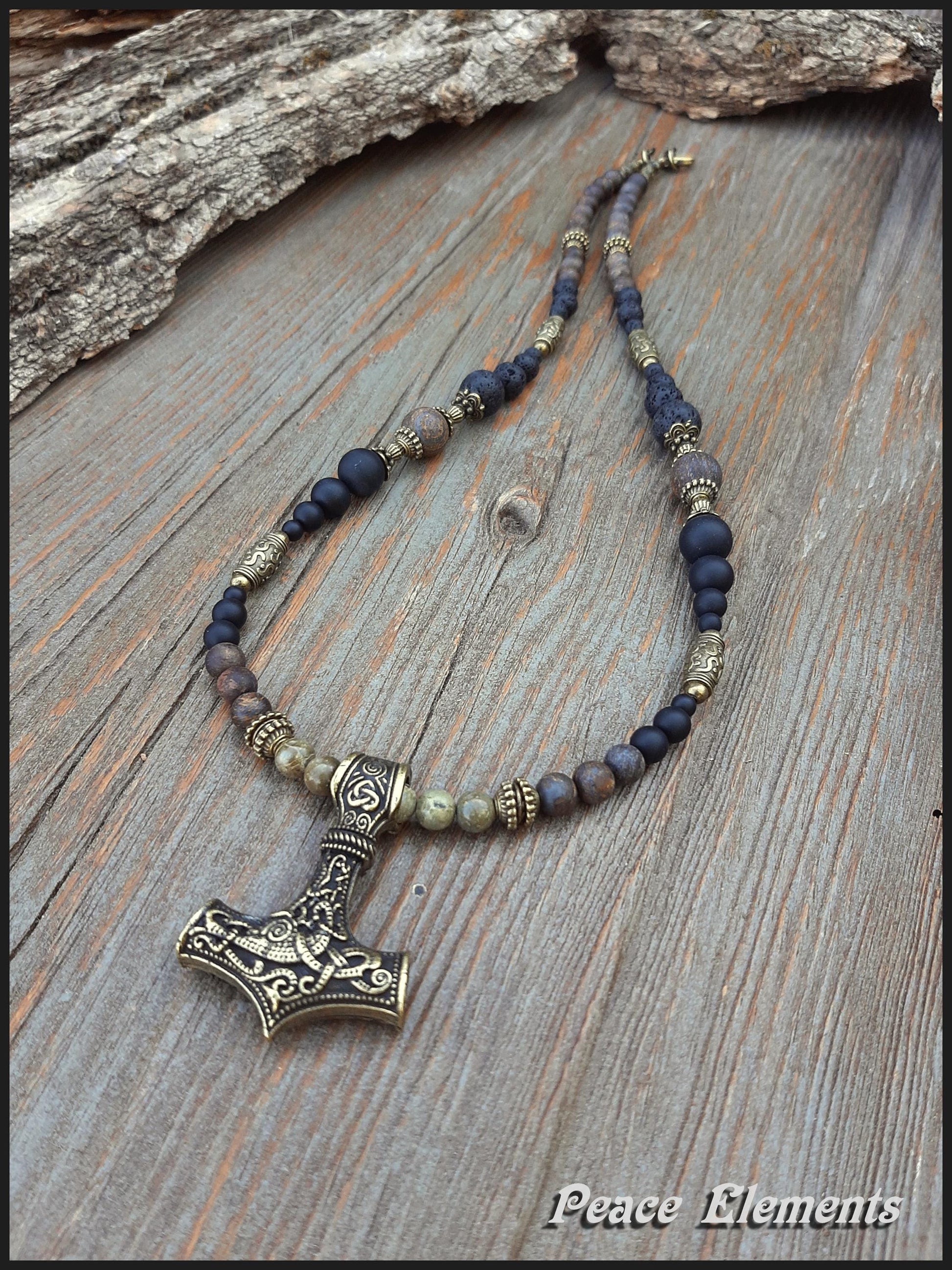 Viking Thor's Hammer Necklace - Thor Hammer bronze Pendant Necklace / Lava & Onyx gems beads /