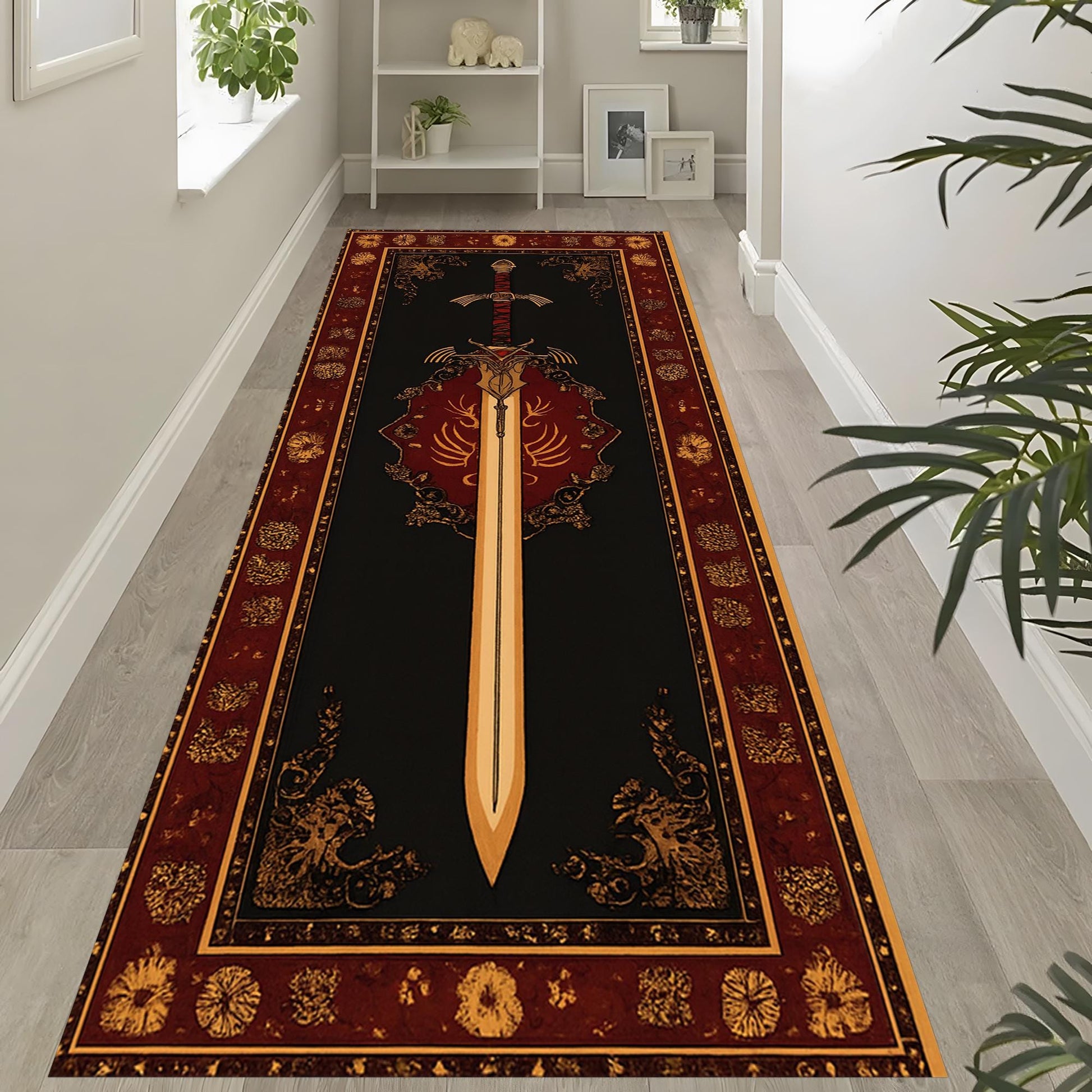 Viking Rug - Viking Axe Runner Rug, Nordic Warrior Black Gold Decor, Norse Myth Battle Axe Carpet