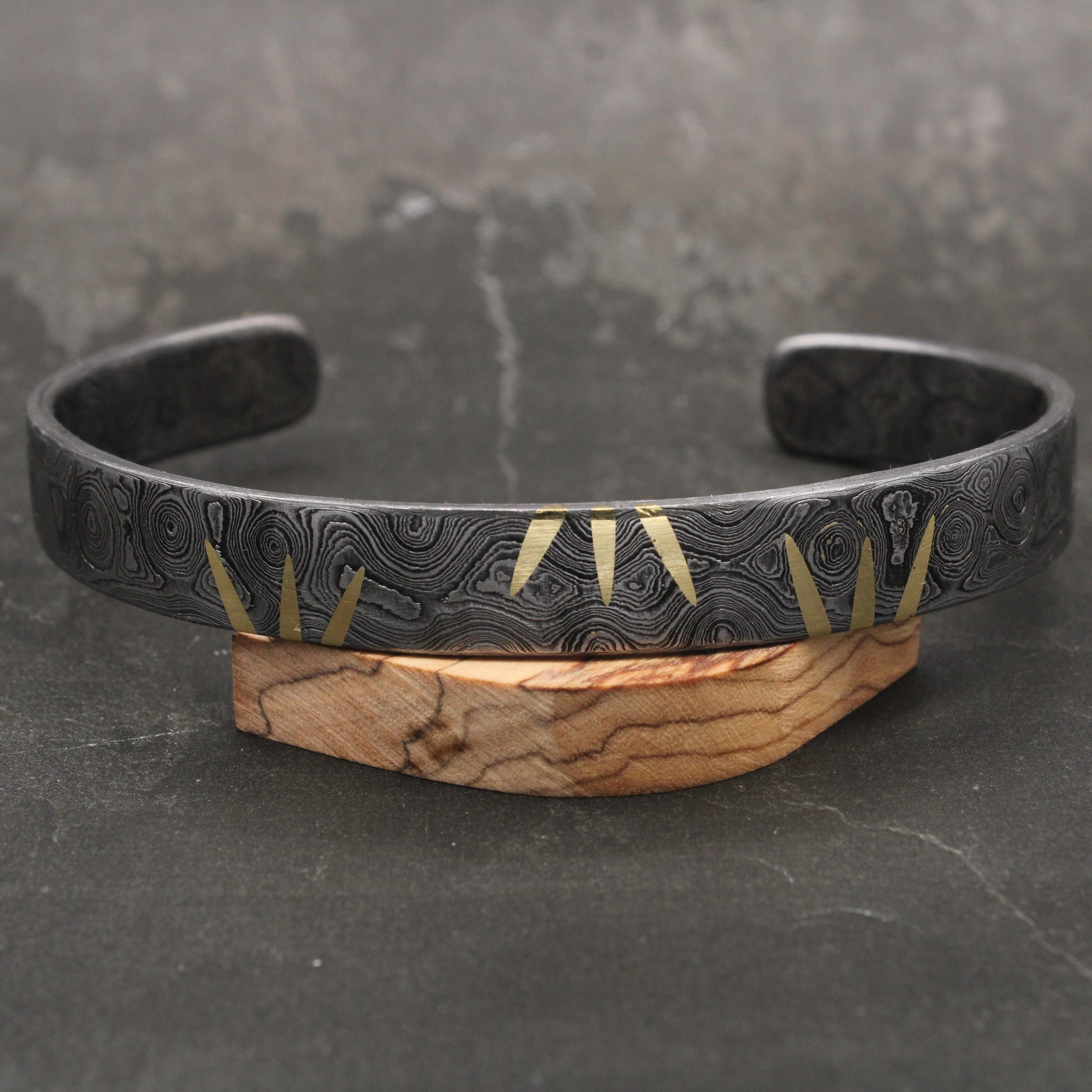 Viking Bracelet - Hand Forged Damascus Steel Cuff Bracelet with Copper Inlay Viking Bangle, Modern