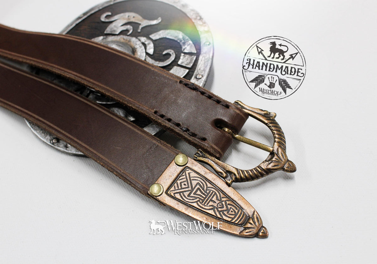 Viking Leather Accessory - Embossed Viking belt from brown or black 3, 2mm leather, with bronze