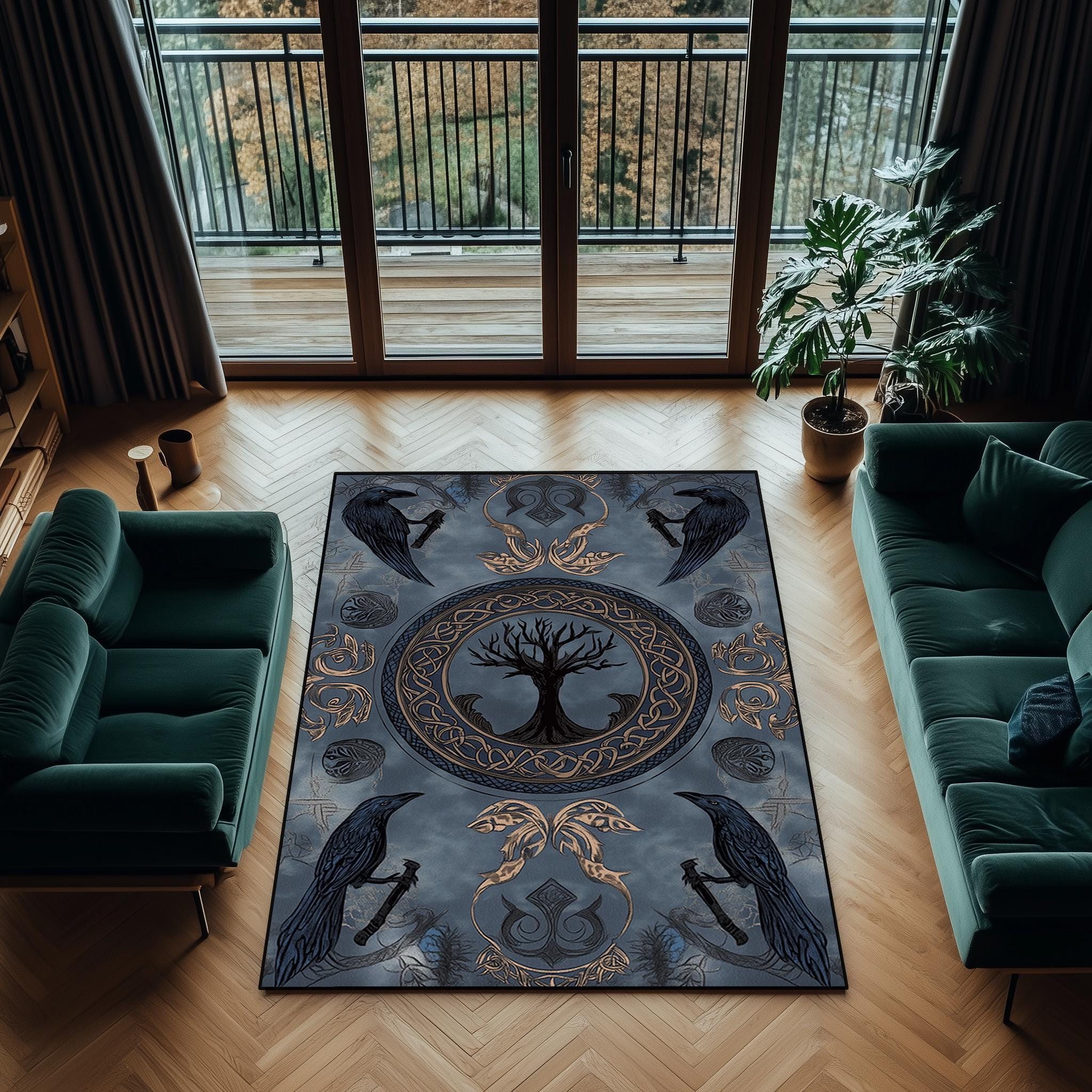 Viking Rug - Viking Axe Runner Rug, Nordic Warrior Black Gold Decor, Norse Myth Battle Axe Carpet