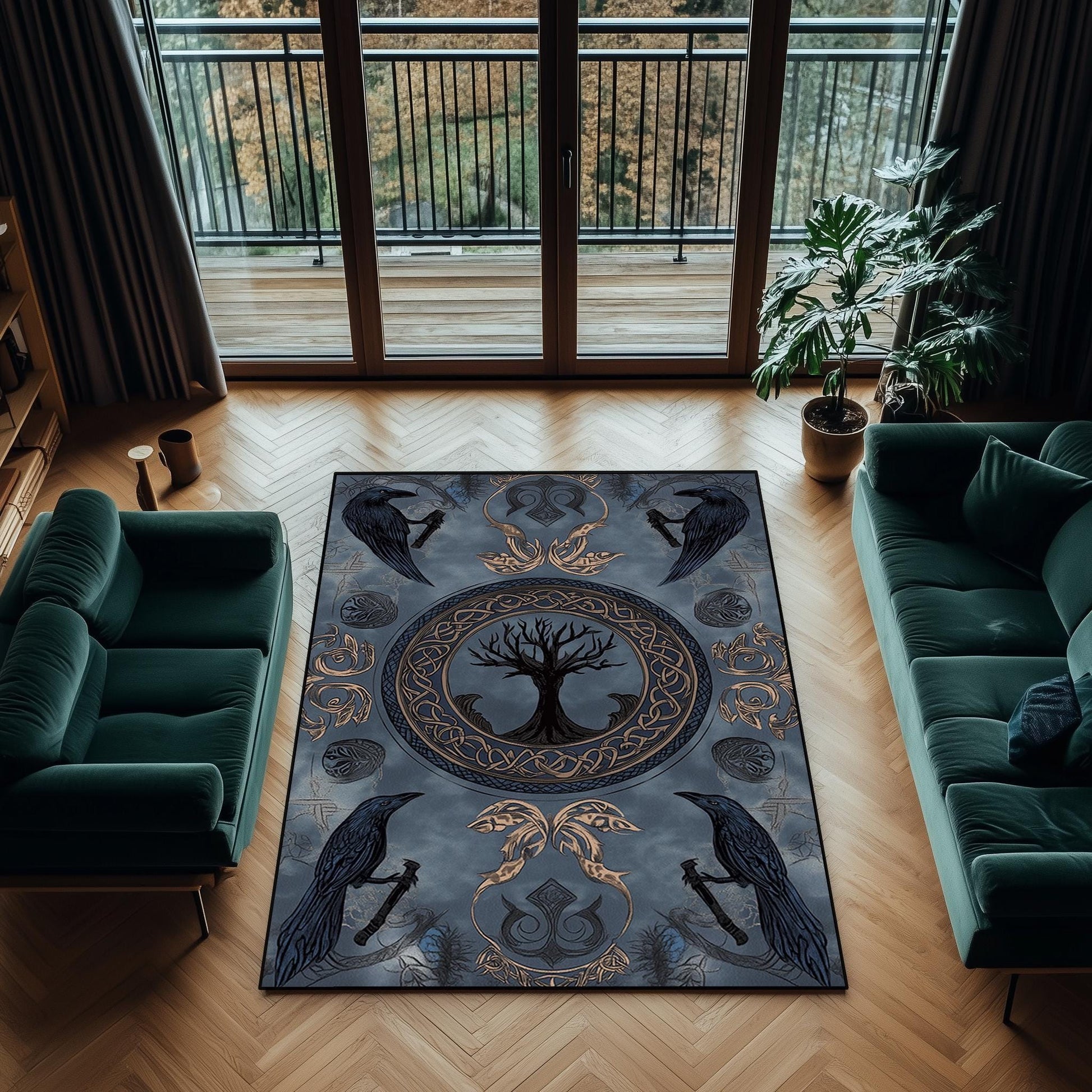 Viking Raven Rug - Viking Raven Round Rug, Norse Rune Circle Carpet, Celtic Knot Boho Gothic Decor