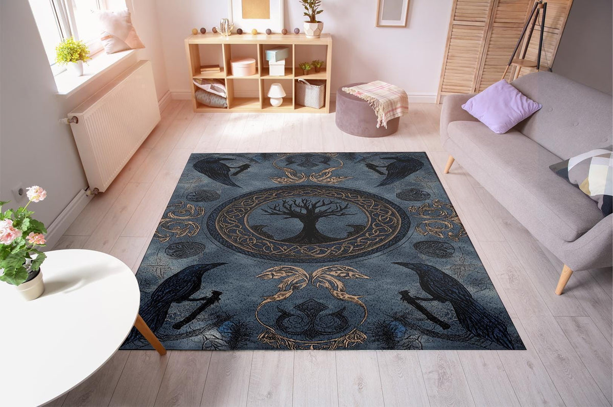 Viking Raven Rug - Viking Tree of Life Rug: Norse Raven & Nordic Decor