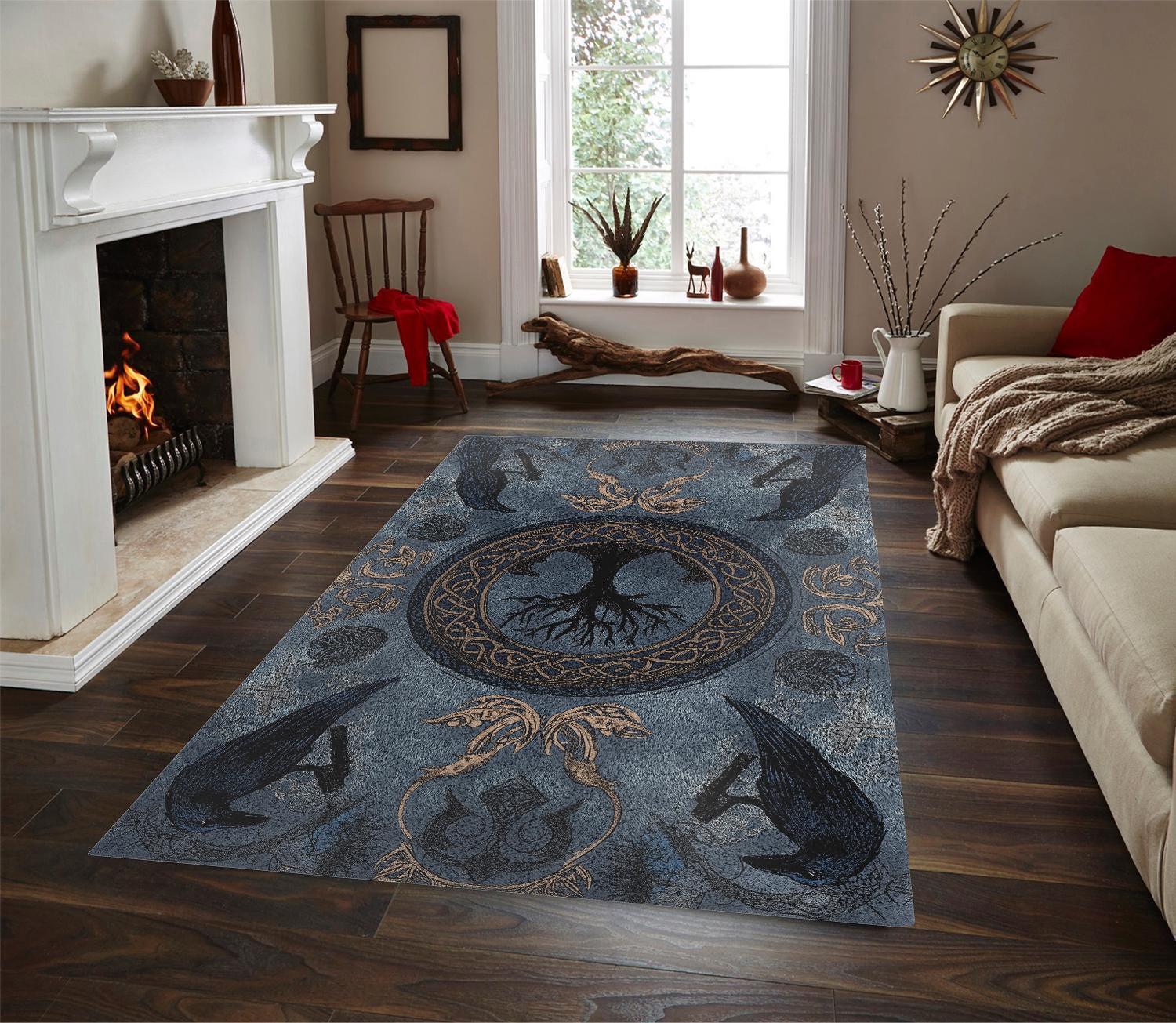 Viking Raven Rug - Viking Tree of Life Rug: Norse Raven & Nordic Decor