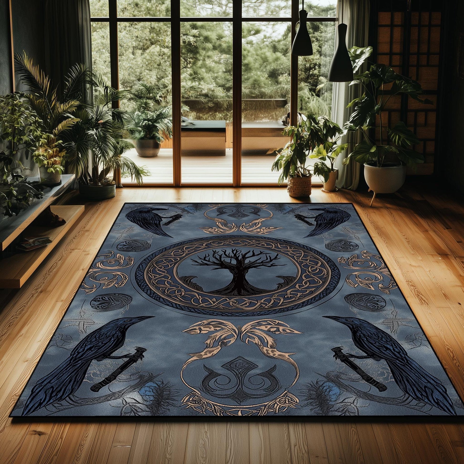 Viking Raven Rug - Viking Tree of Life Rug: Norse Raven & Nordic Decor