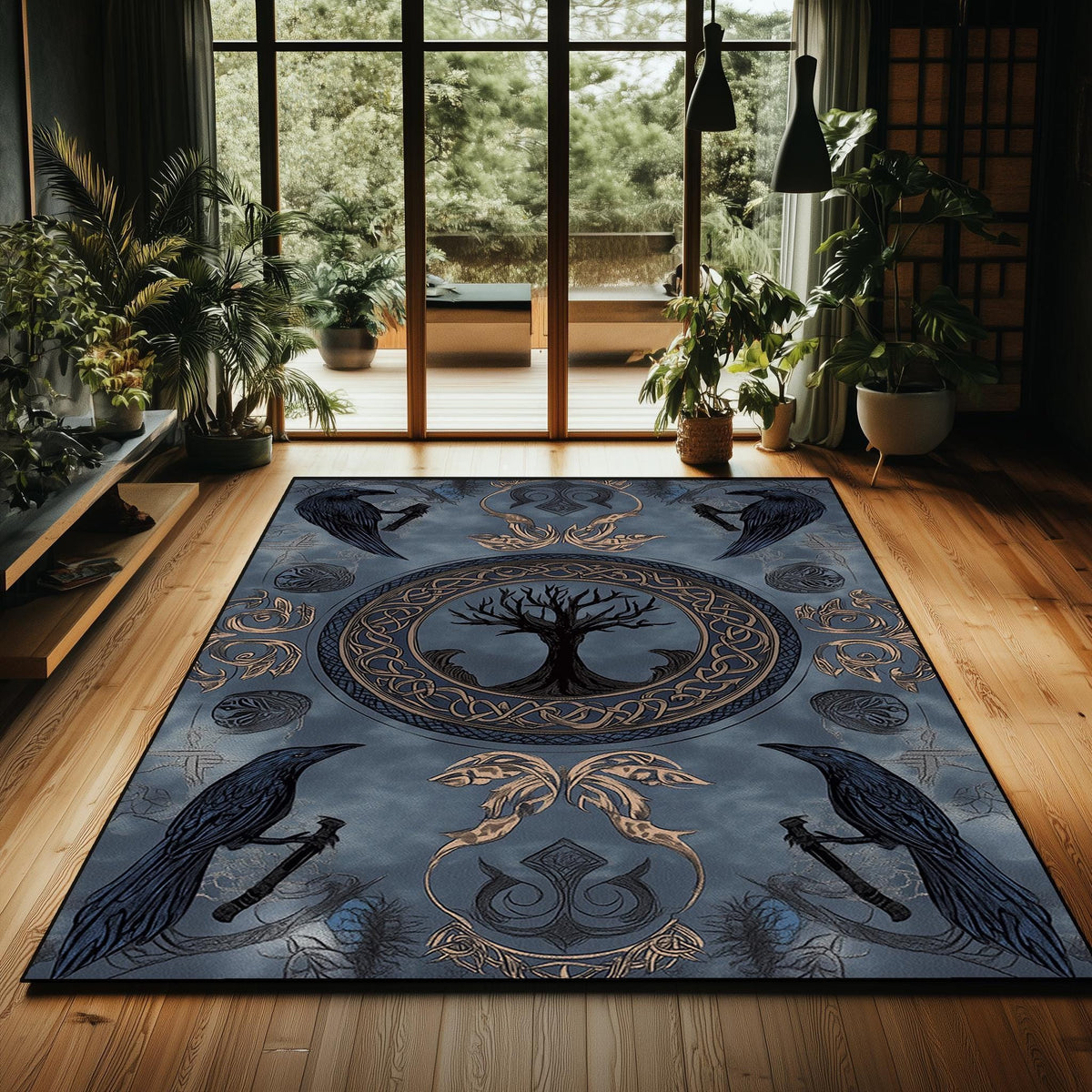 Viking Raven Rug - Viking Tree of Life Rug: Norse Raven & Nordic Decor