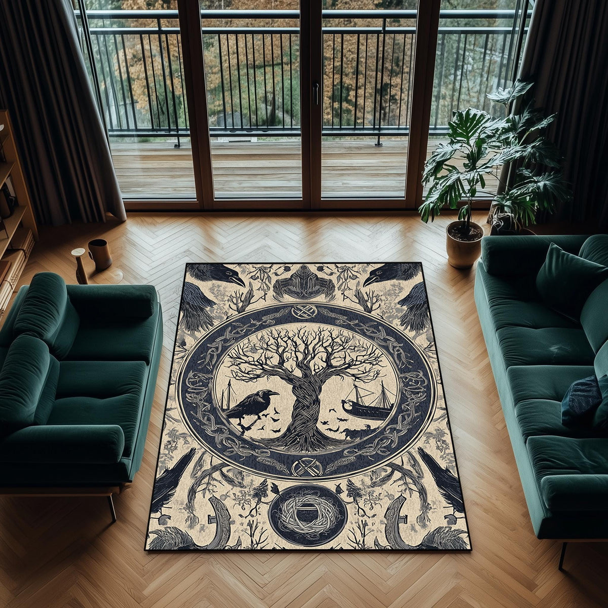 Viking Raven Rug - Viking Tree of Life Rug: Norse Raven & Nordic Decor