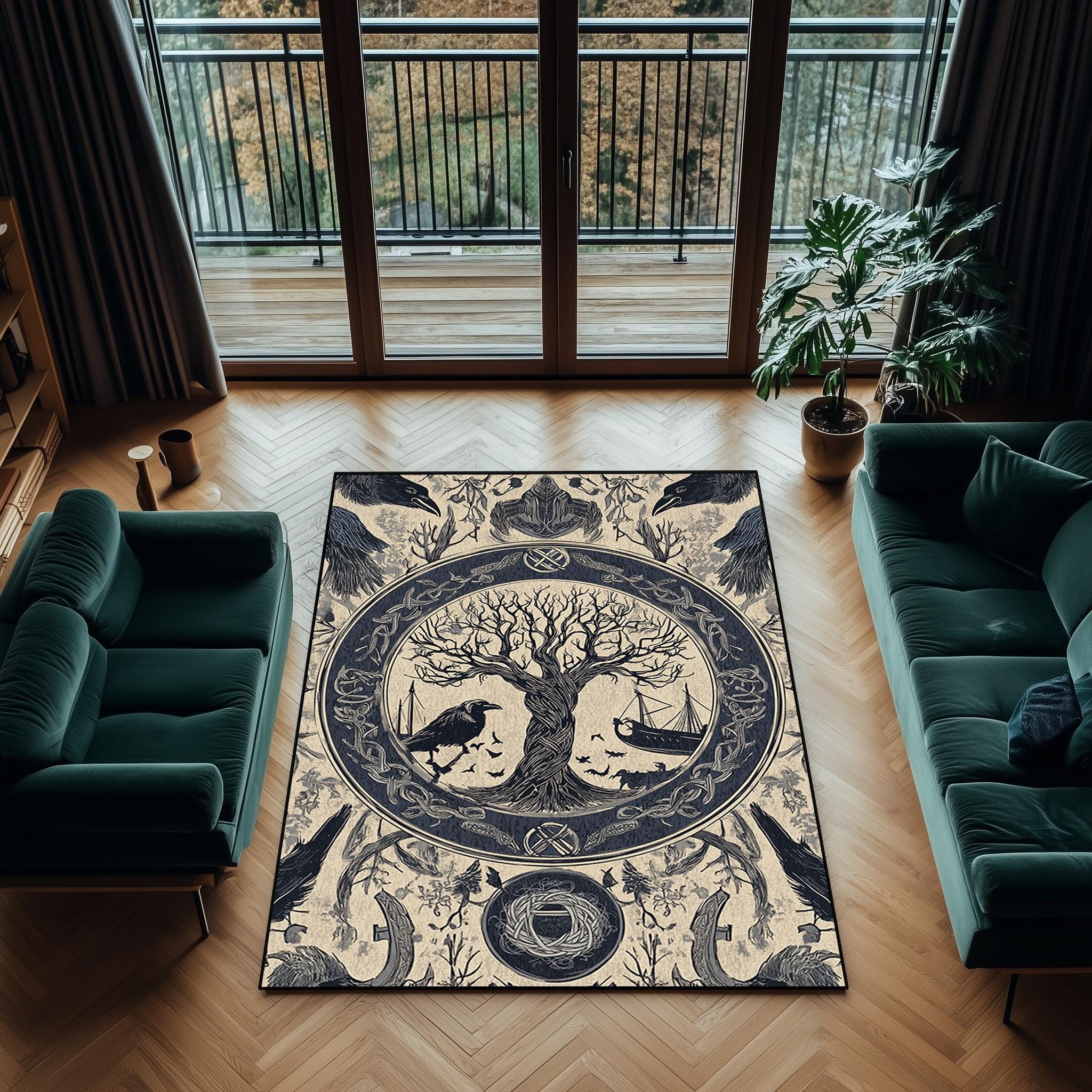 Viking Raven Rug - Viking Tree of Life Rug: Norse Raven & Nordic Decor