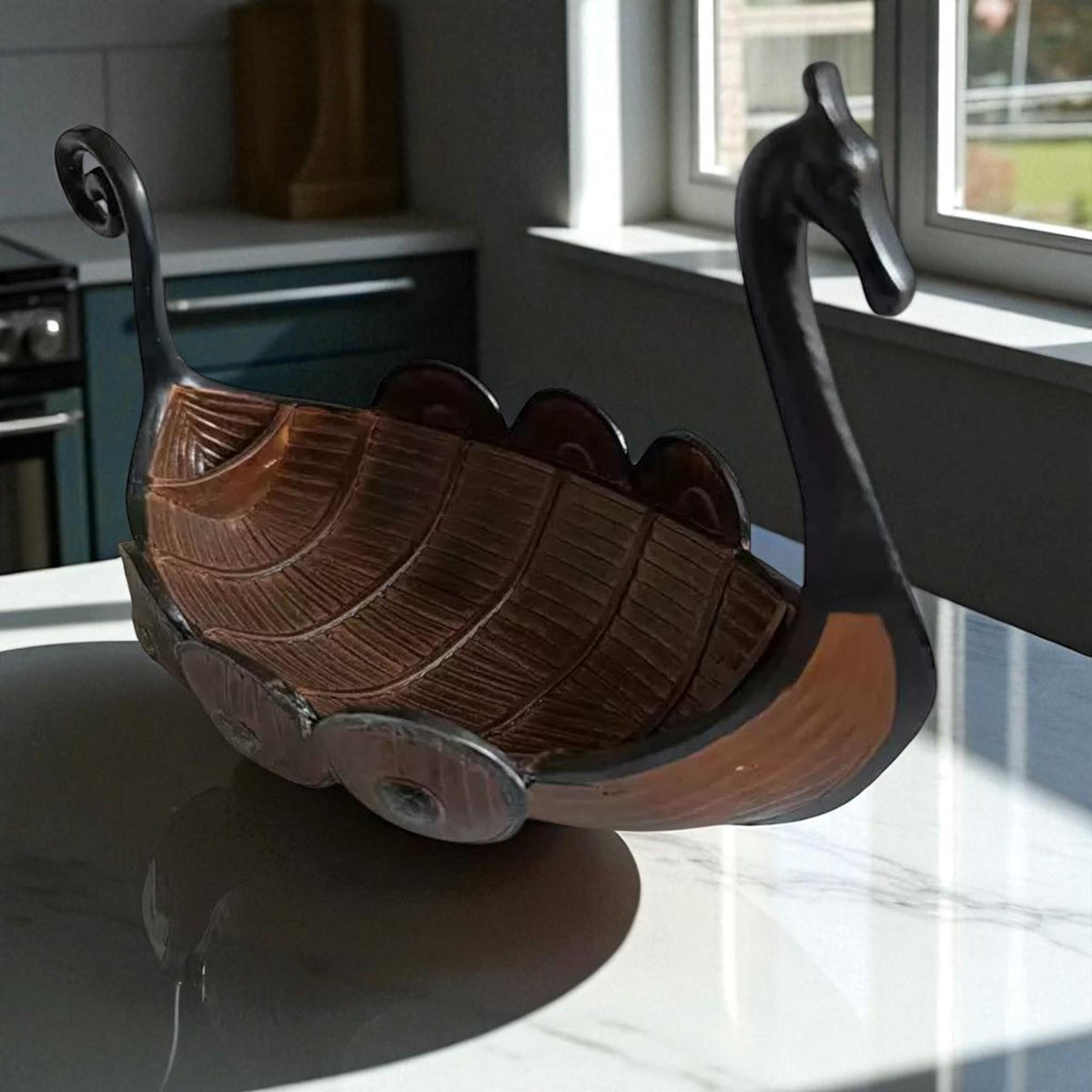 Viking Home Decor - Viking Ship Wooden Sculpture, Nordic Longboat Table Decor, Medieval Boat