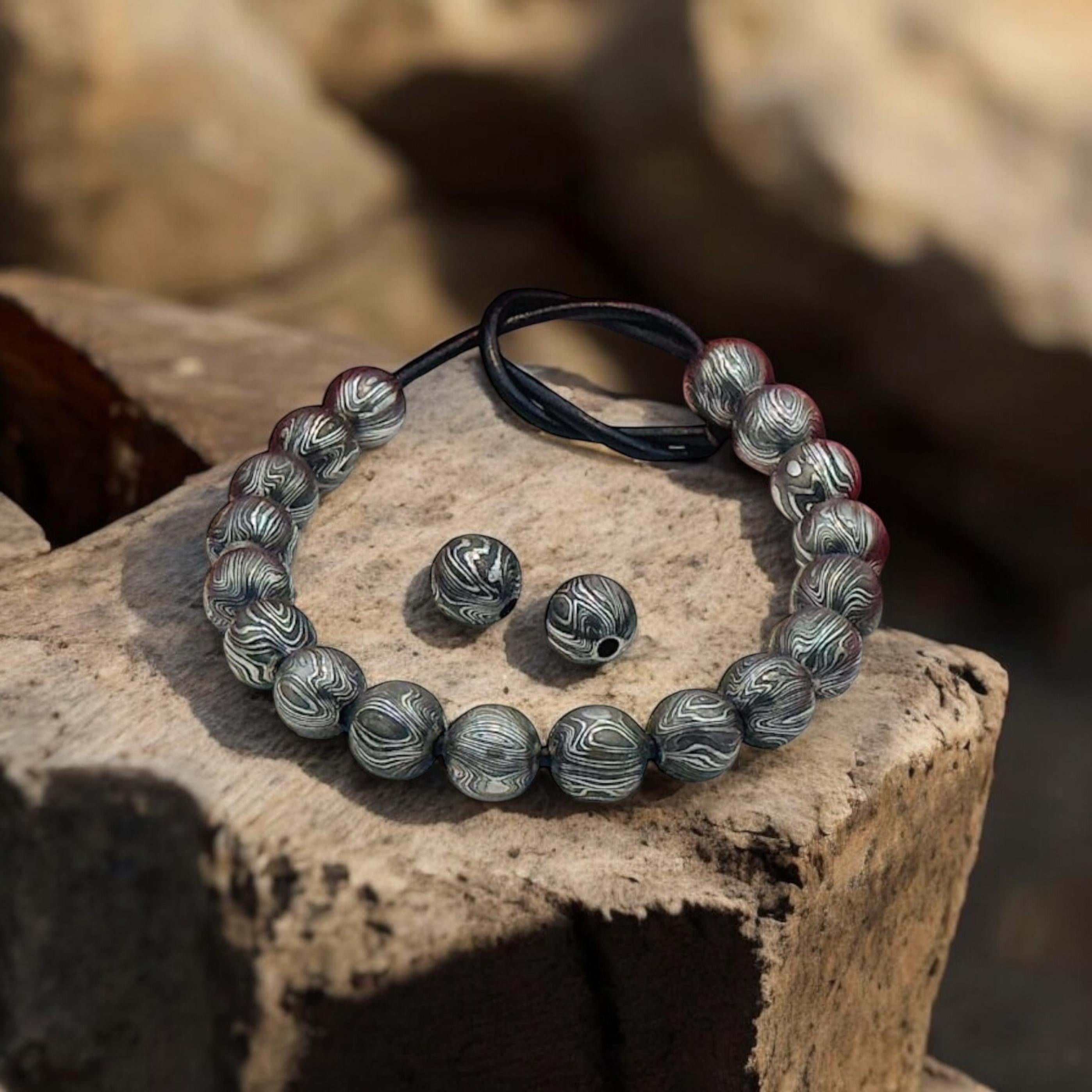 Viking Bracelet - Handcrafted Damascus Steel Square Cube Beaded Bracelet – Nordic Viking Geometric