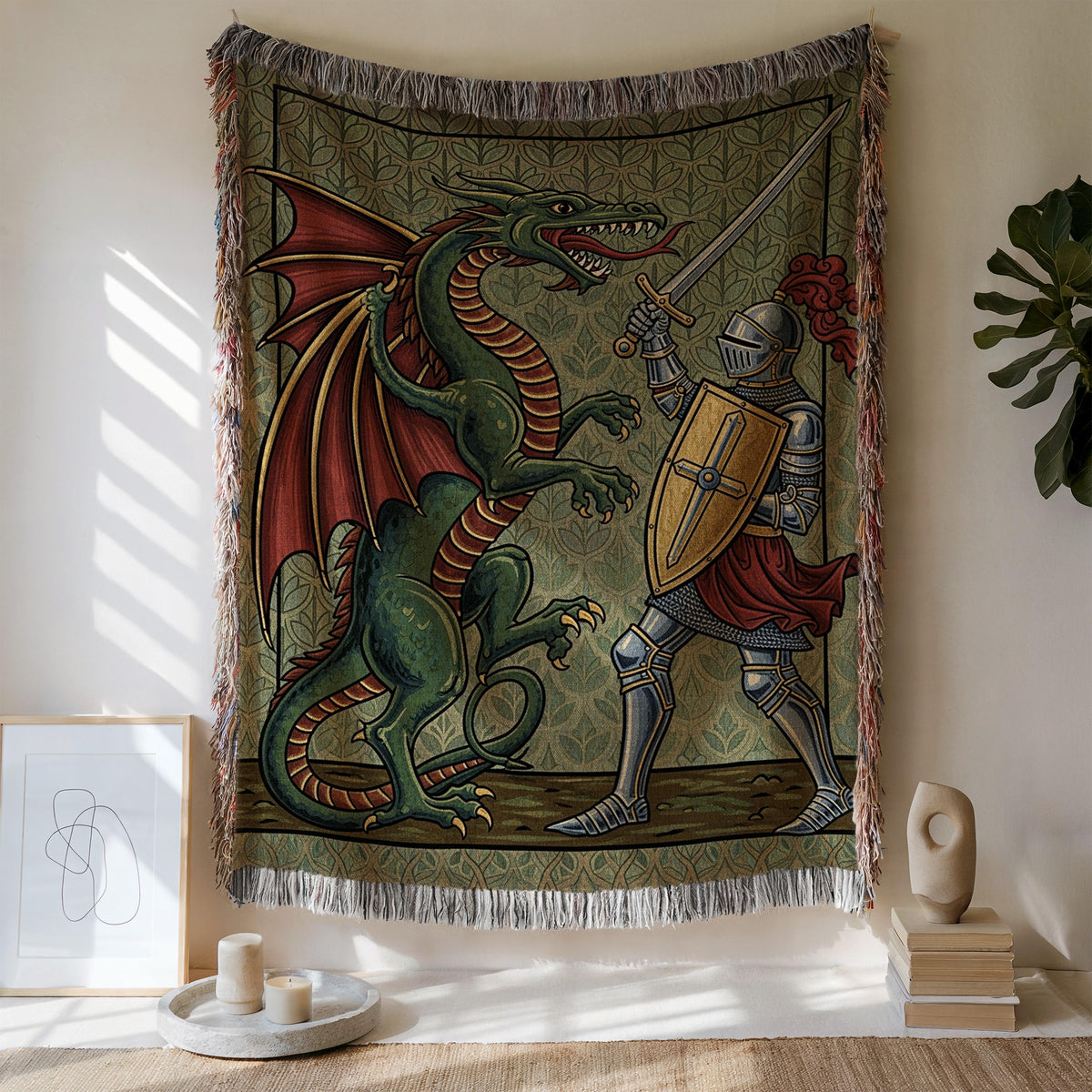 Viking Blanket - Viking Nordic Dragon Woven Cotton Throw Blanket, Fringed Tapestry Decor