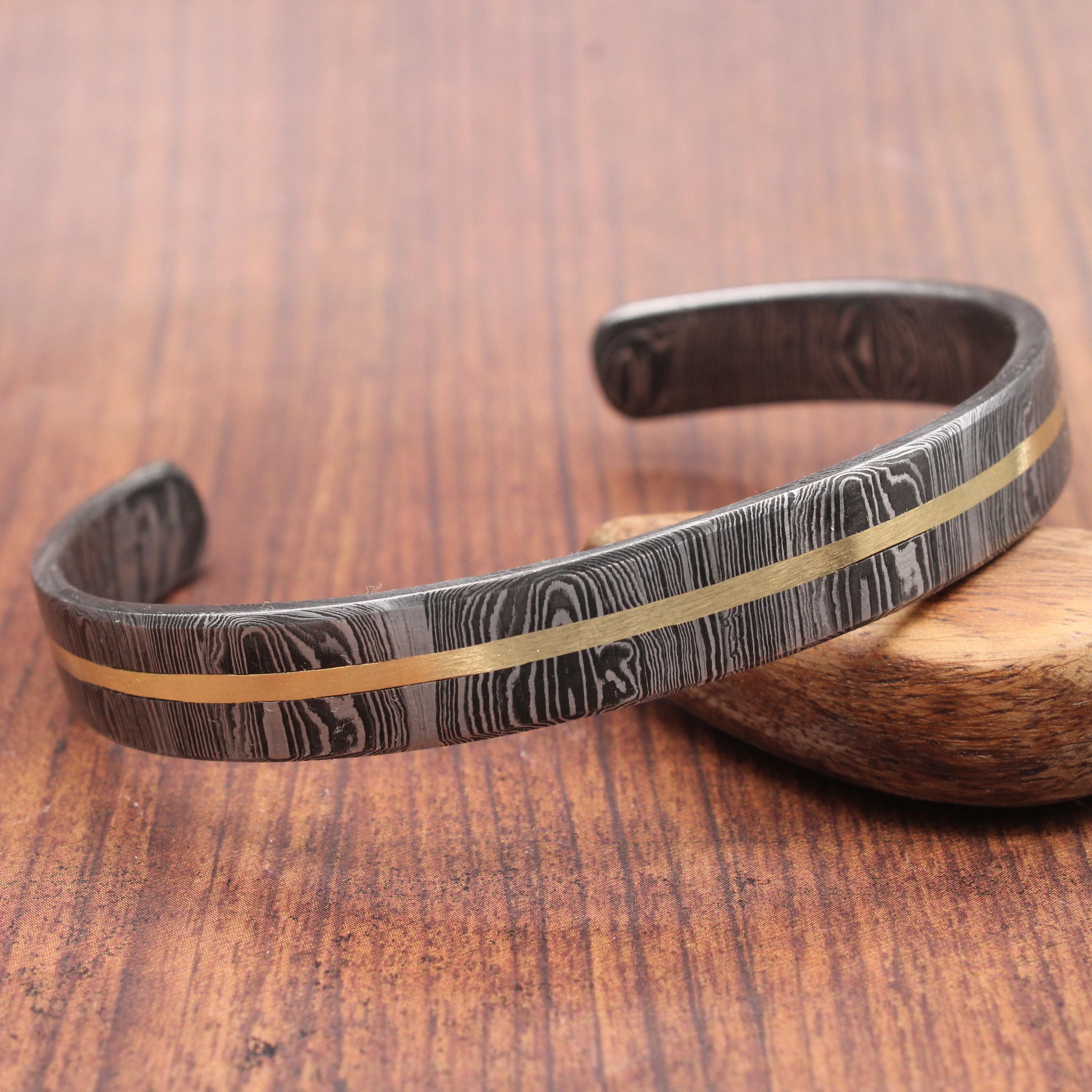 Viking Bracelet - Hand Forged Damascus Steel Cuff Bracelet with Copper Inlay Viking Bangle, Modern