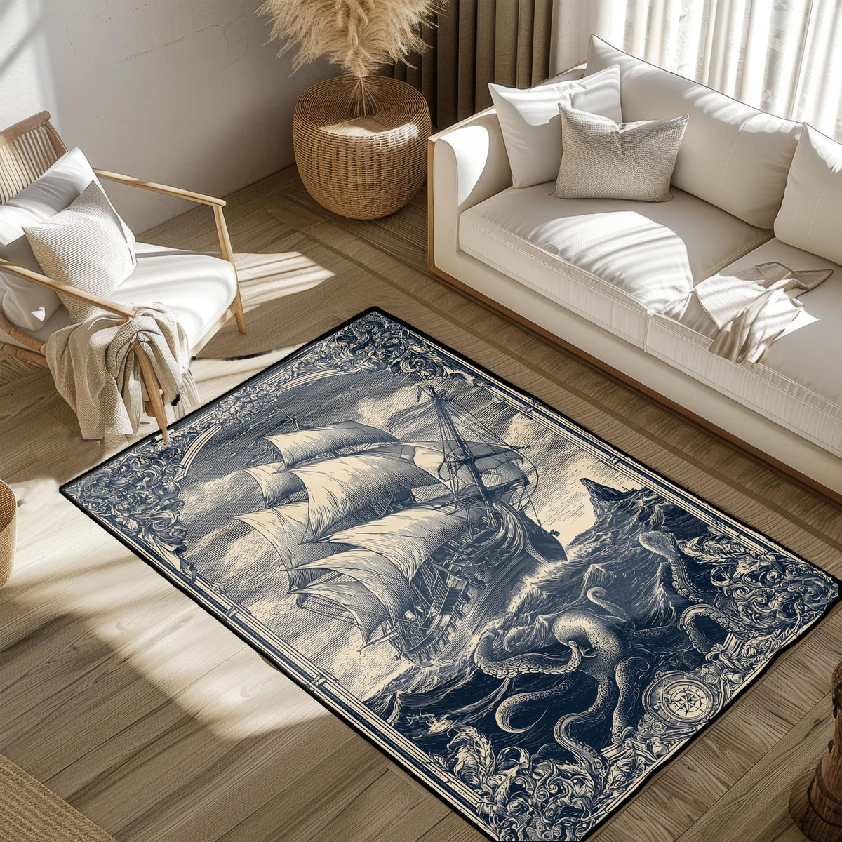 Viking Longship Rug - Viking Longship Runner Rug: Norse Dragon Boat Design, Ancient Warrior Symbol