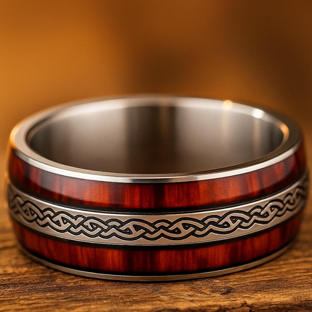 Viking Ring - Celtic Knot Titanium Ring, Wood Grain Wedding Band, Men's Rustic Engagement Ring
