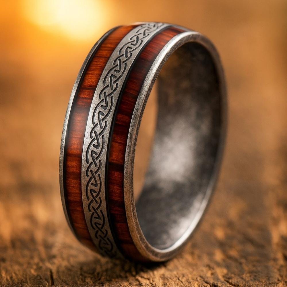Viking Ring - Celtic Knot Titanium Ring, Wood Grain Wedding Band, Men's Rustic Engagement Ring