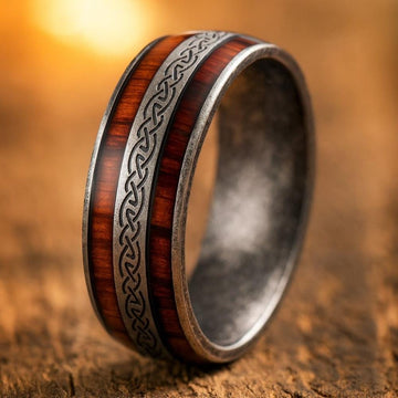 Viking Ring - Celtic Knot Titanium Ring, Wood Grain Wedding Band, Men's Rustic Engagement Ring