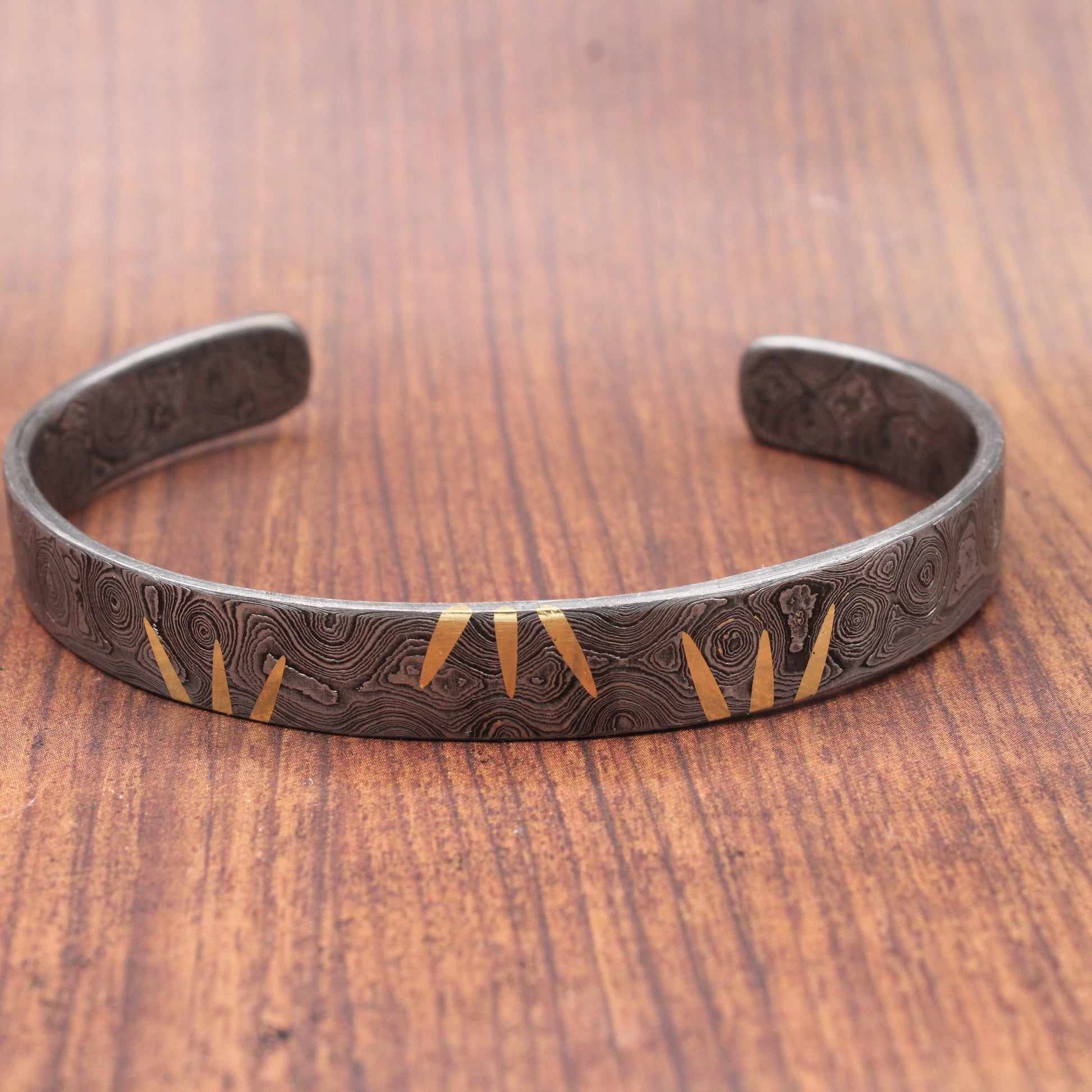 Viking Bracelet - Hand Forged Damascus Steel Cuff Bracelet with Copper Inlay Viking Bangle, Modern