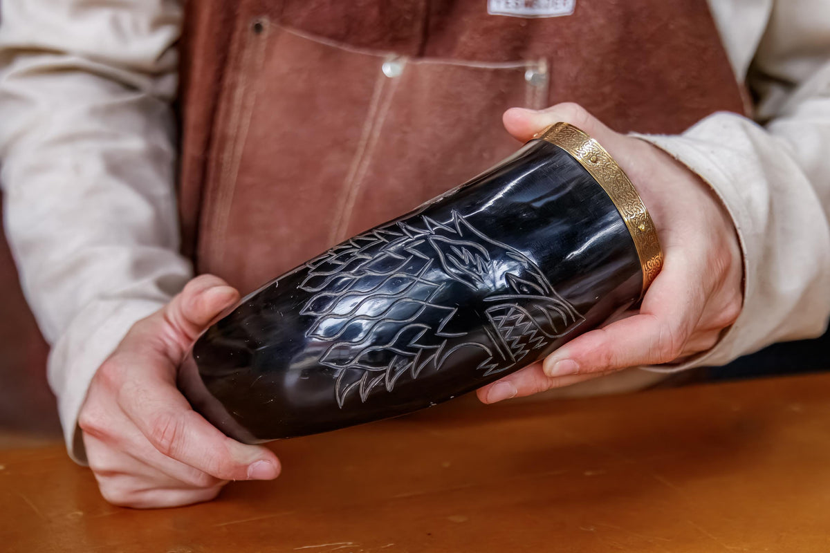 Viking Odin Mug - Larp Odin’s Wisdom Viking Drinking Horn w/ Odins Raven Art Design SCA Hand Carved