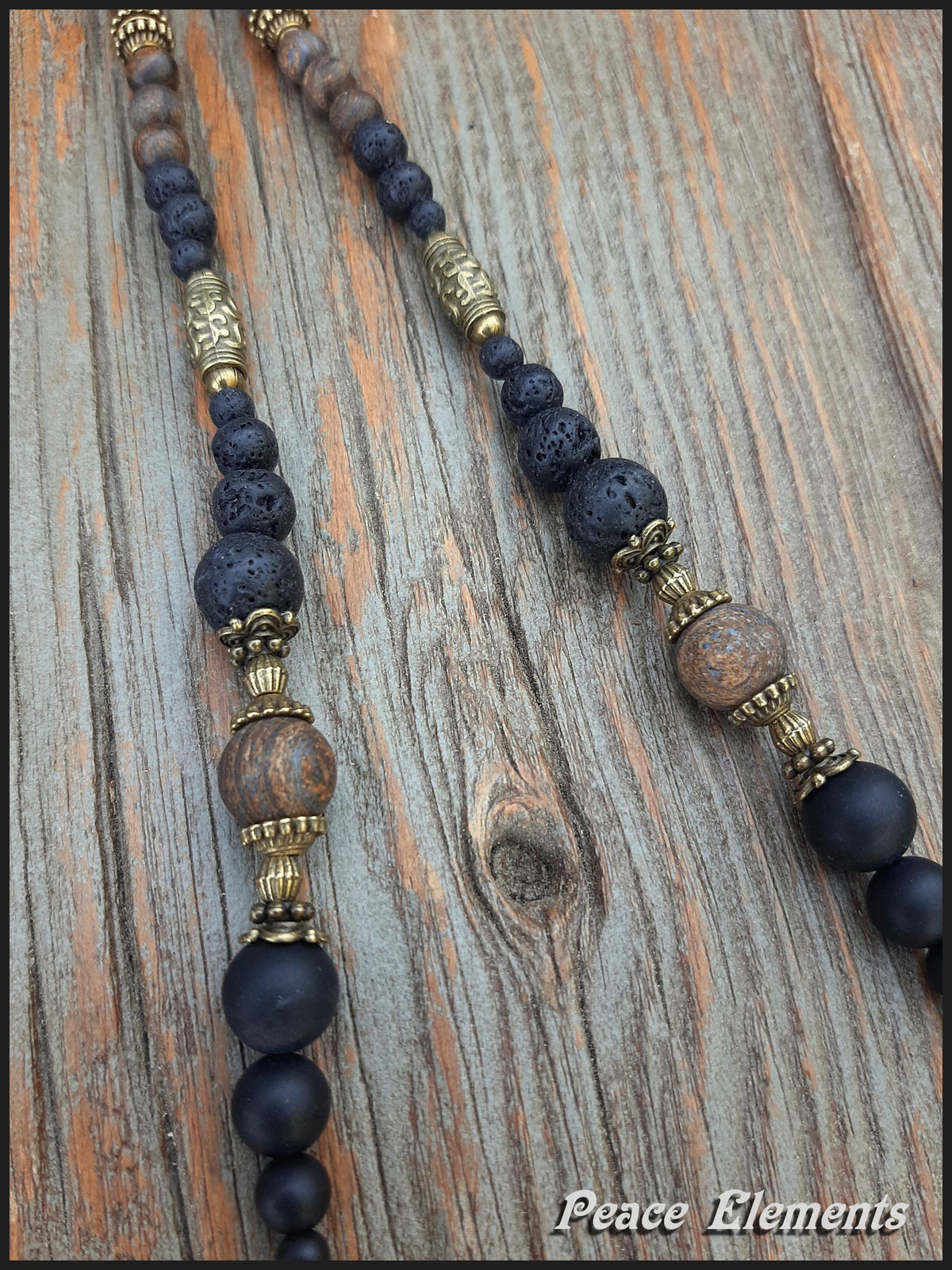 Viking Thor's Hammer Necklace - Thor Hammer bronze Pendant Necklace / Lava & Onyx gems beads /
