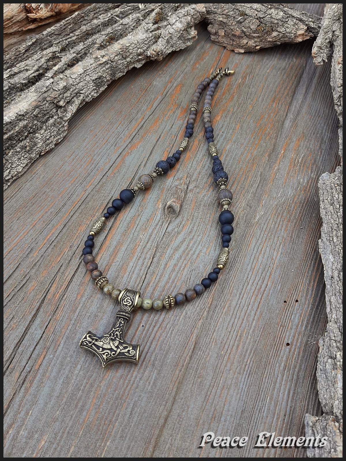 Viking Thor's Hammer Necklace - Thor Hammer bronze Pendant Necklace / Lava & Onyx gems beads /