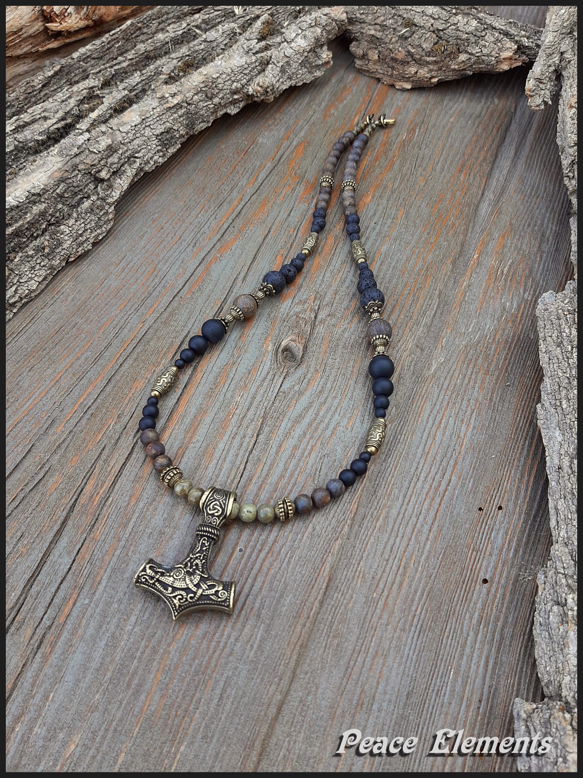 Viking Thor's Hammer Necklace - Thor Hammer bronze Pendant Necklace / Lava & Onyx gems beads /