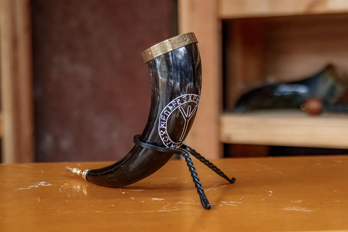 Viking Wolf Weapon Replica - Norse Viking War Horn, Handmade Engraved Wolf Ox Horn, Leather Strap