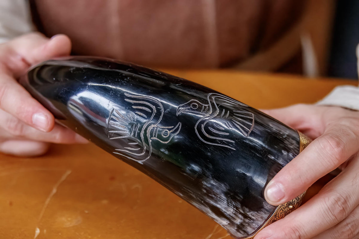 Viking Odin Mug - Larp Odin’s Wisdom Viking Drinking Horn w/ Odins Raven Art Design SCA Hand Carved