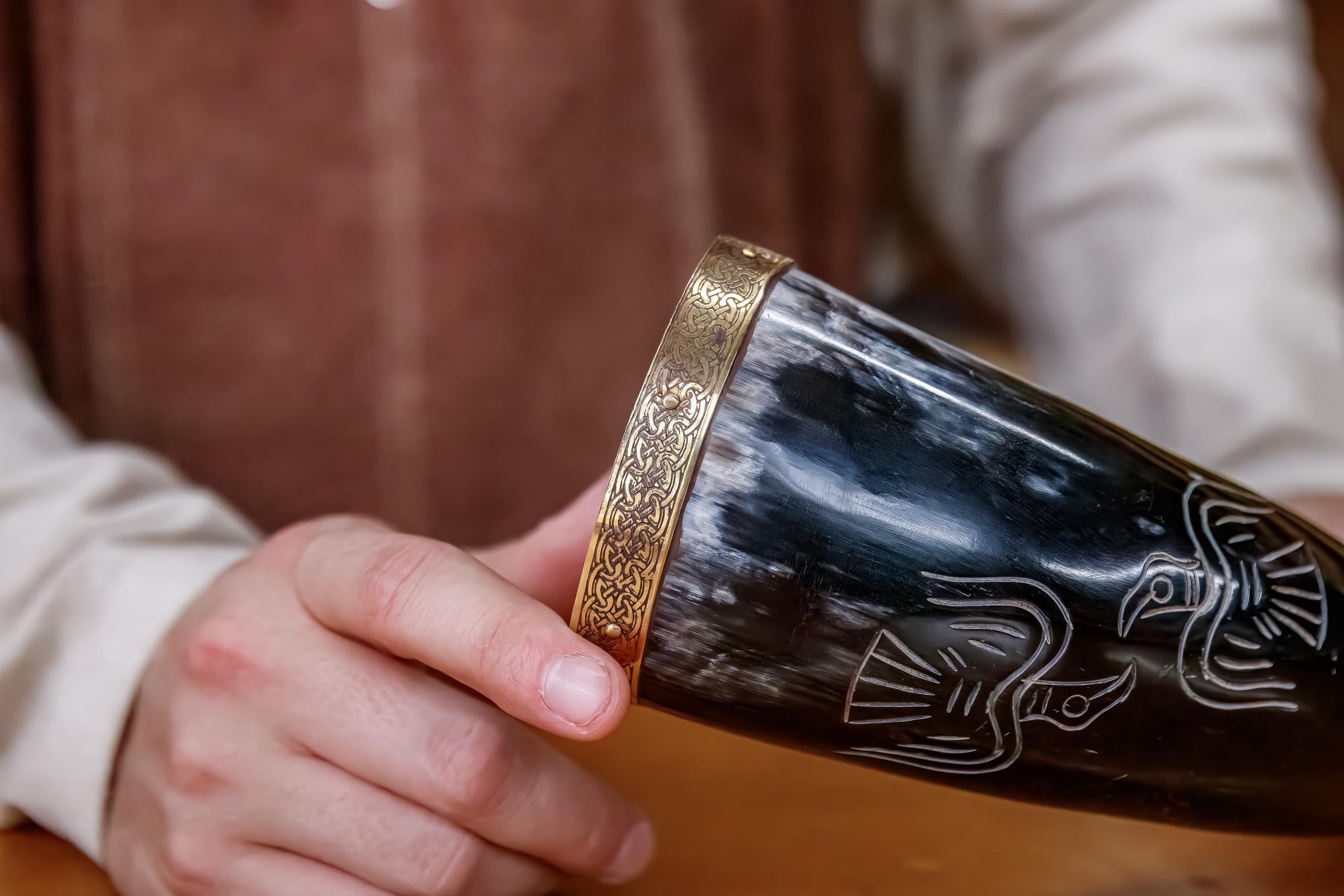 Viking Odin Mug - Larp Odin’s Wisdom Viking Drinking Horn w/ Odins Raven Art Design SCA Hand Carved