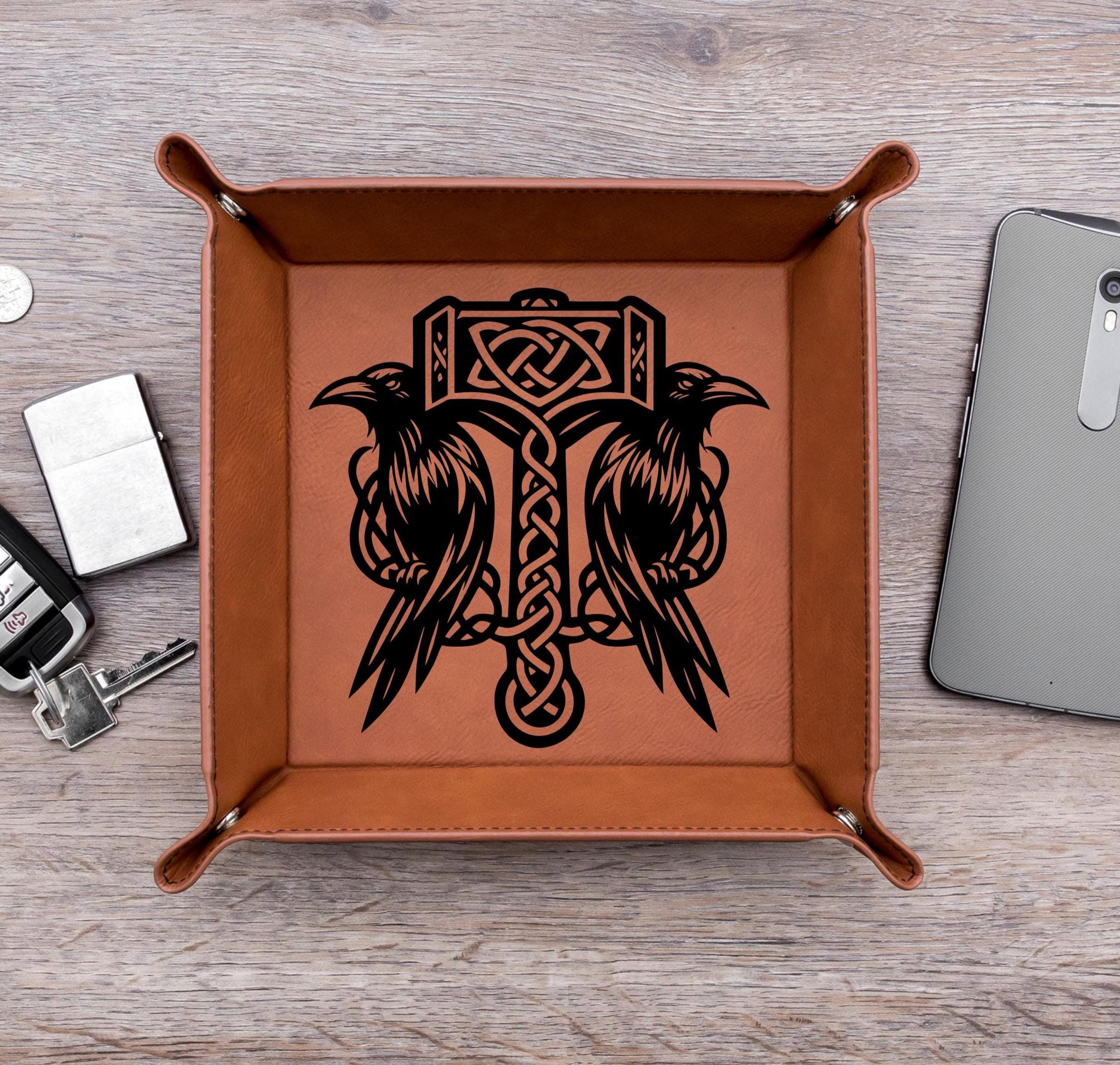 Viking Thor's Hammer Home Decor - Norse Valet Tray with Thor’s Hammer & Ravens, Viking Leather