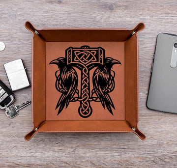 Viking Thor's Hammer Home Decor - Norse Valet Tray with Thor’s Hammer & Ravens, Viking Leather