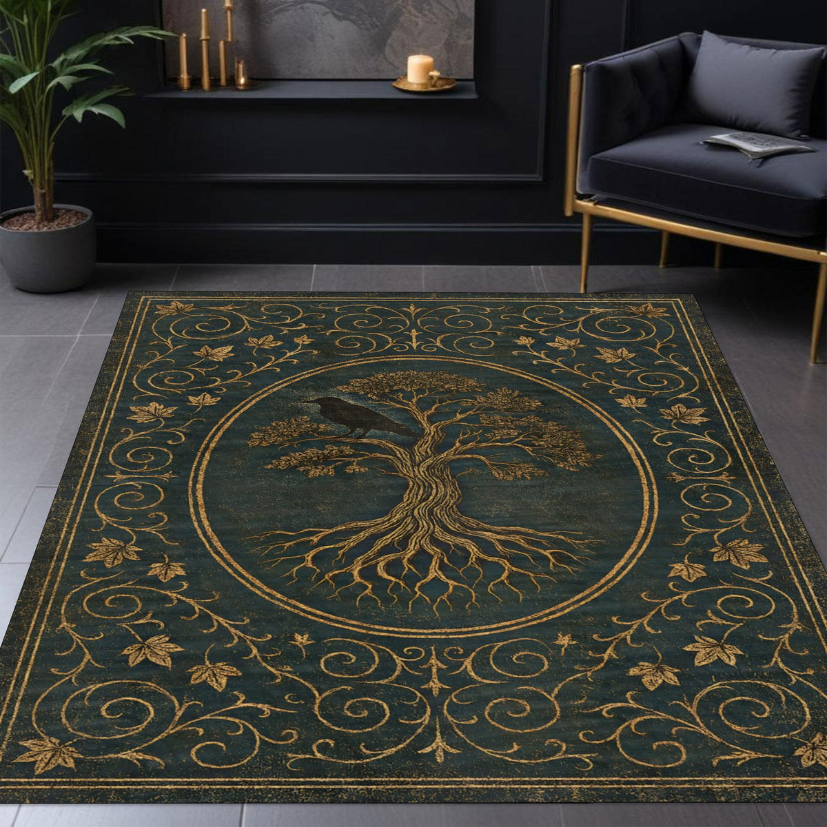 Viking Yggdrasil Tree of Life Rug - Yggdrasil Raven Rug – Green Tree of Life Carpet with Celtic