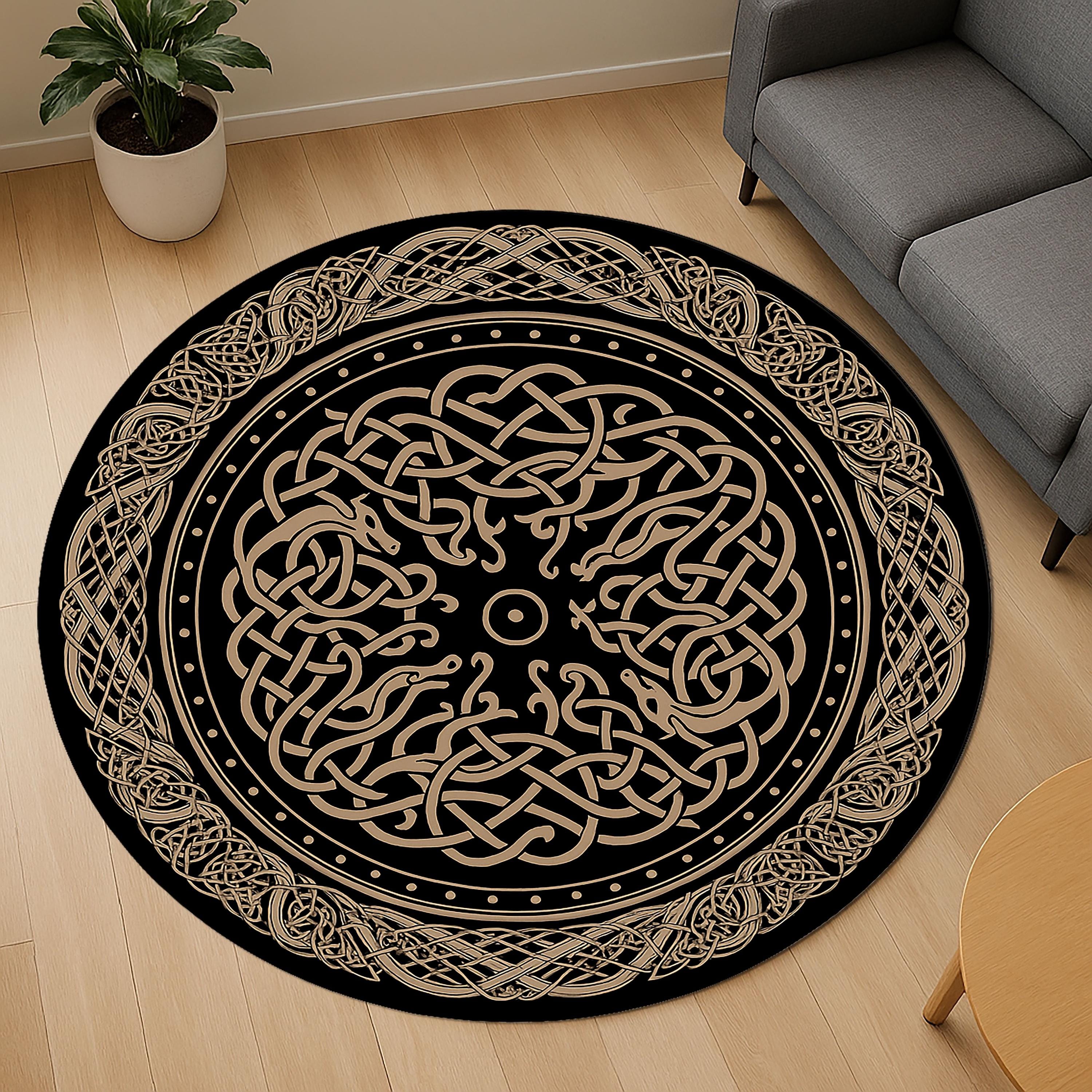 Viking Raven Rug - Viking Raven Round Rug, Norse Rune Circle Carpet, Celtic Knot Boho Gothic Decor