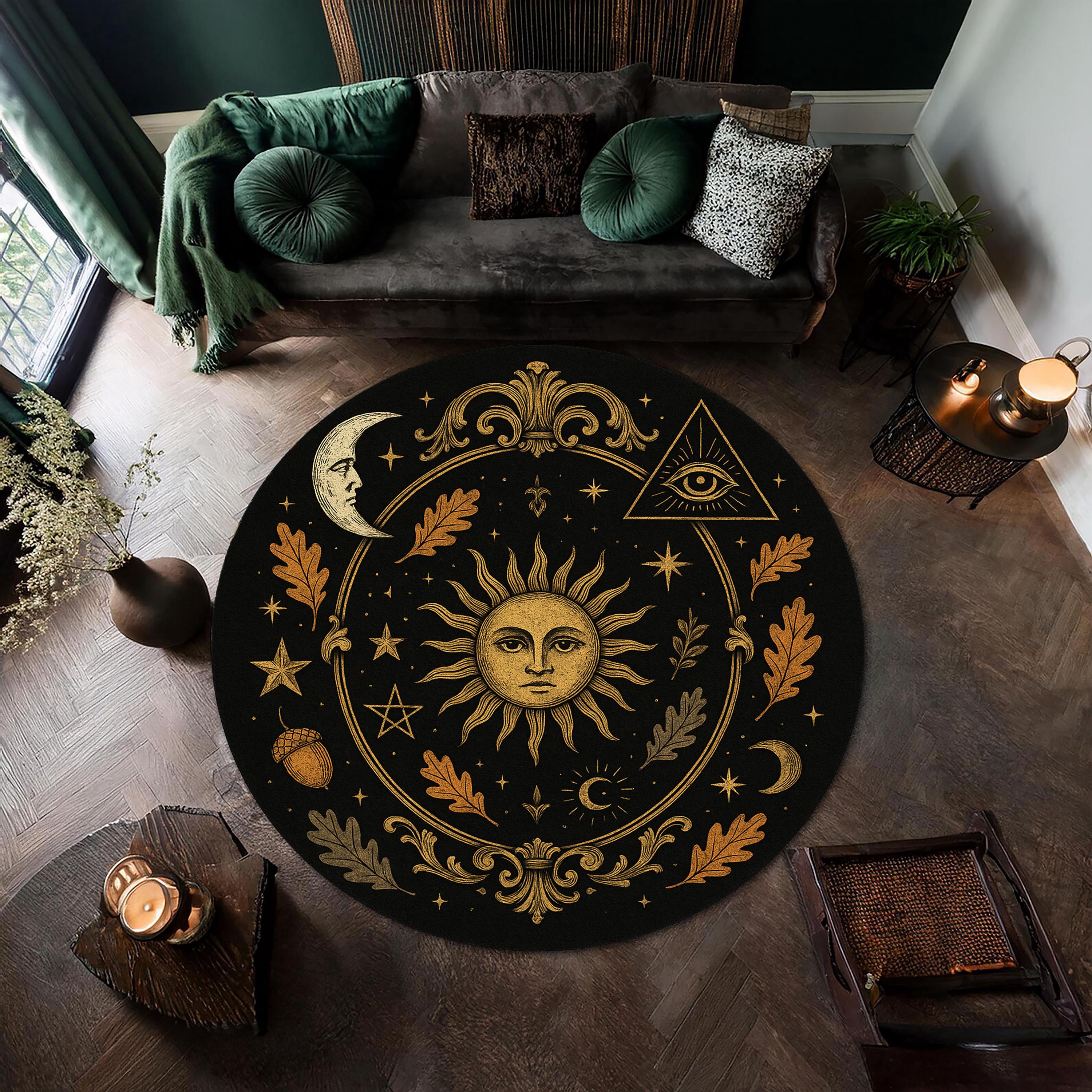 Viking Raven Rug - Viking Raven Round Rug, Norse Rune Circle Carpet, Celtic Knot Boho Gothic Decor