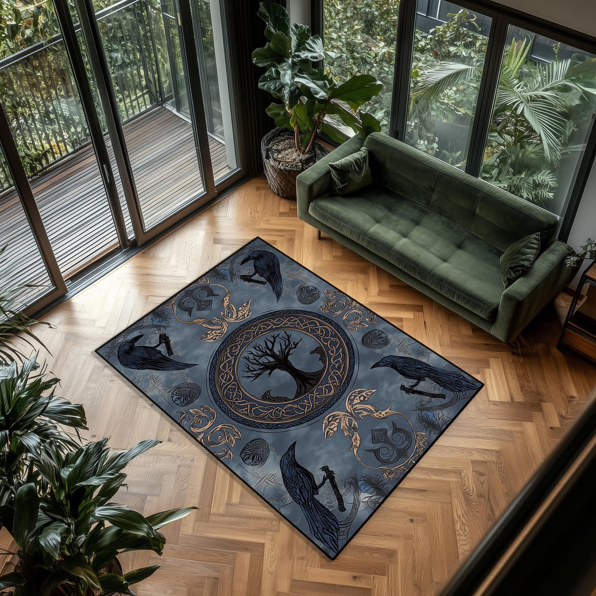 Viking Raven Rug - Viking Tree of Life Rug: Norse Raven & Nordic Decor