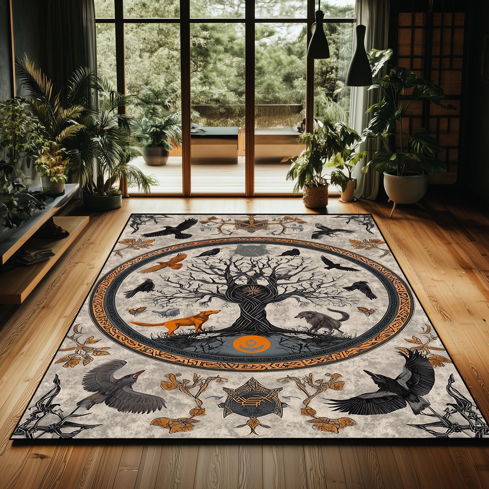 Viking Raven Rug - Viking Tree of Life Rug: Norse Raven & Nordic Decor