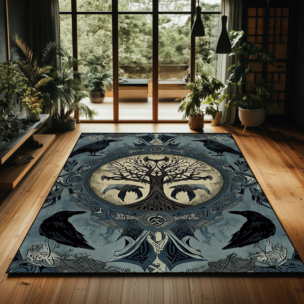 Viking Raven Rug - Viking Tree of Life Rug: Norse Raven & Nordic Decor