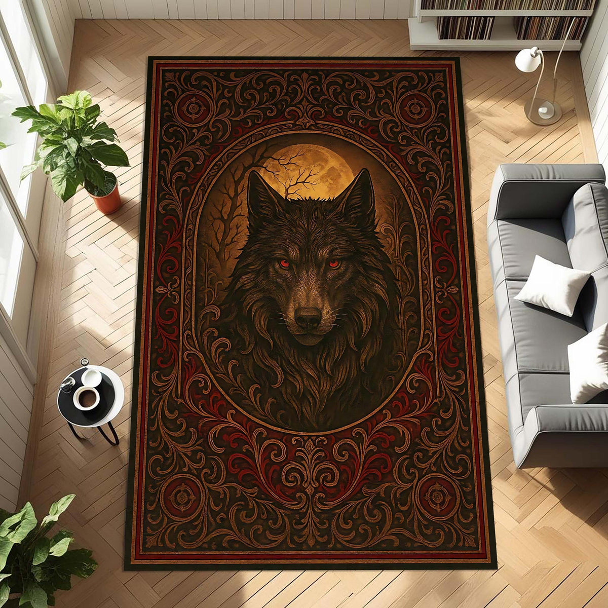 Viking Wolf Rug - Celtic Wolf Knot Rug Viking Nordic Symbol Art Carpet Dark Mythic Tribal Decor